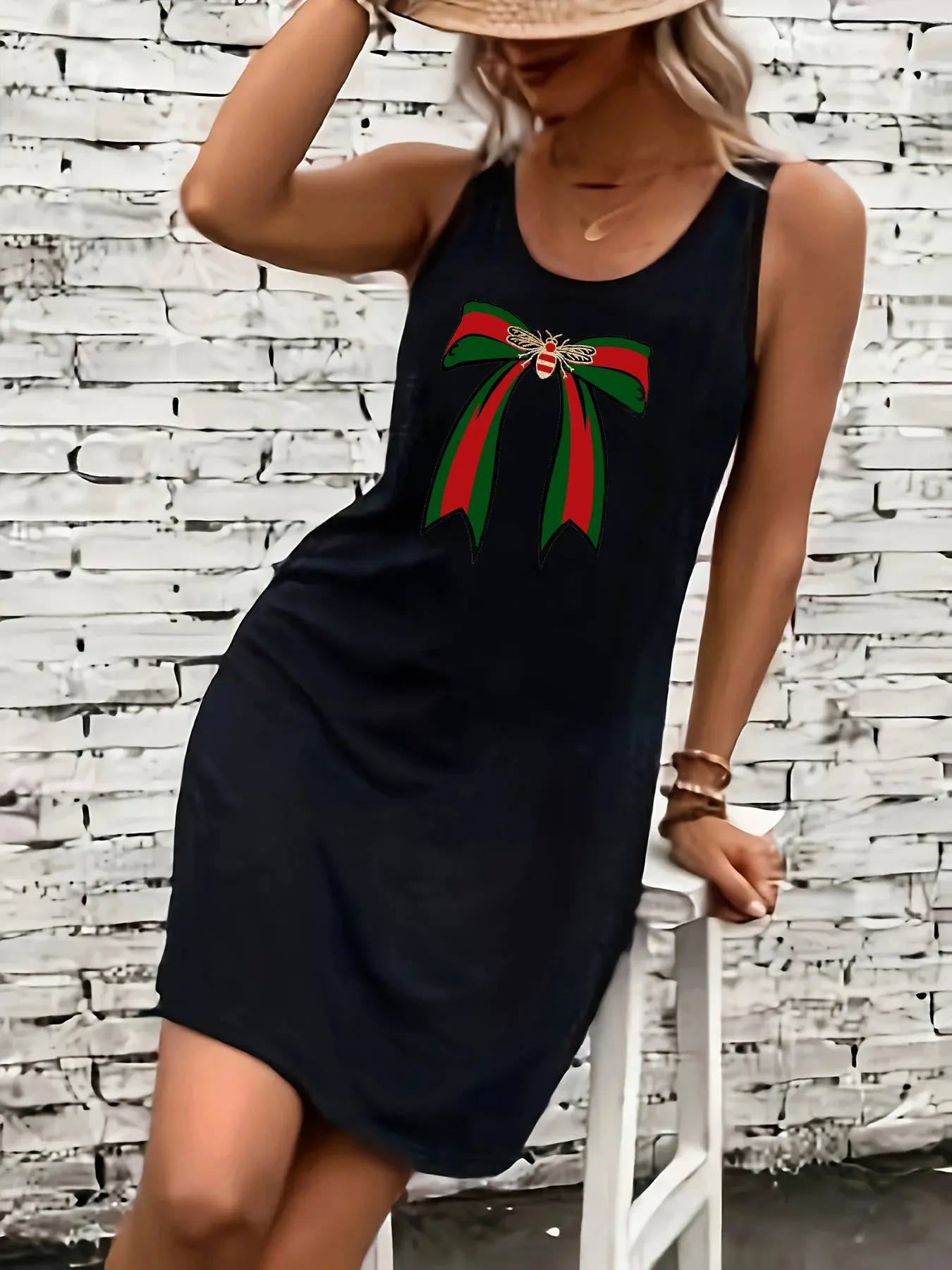 Women's summer loose and comfortable casual bee bow pattern printed black sleeveless vest dress punk style dress