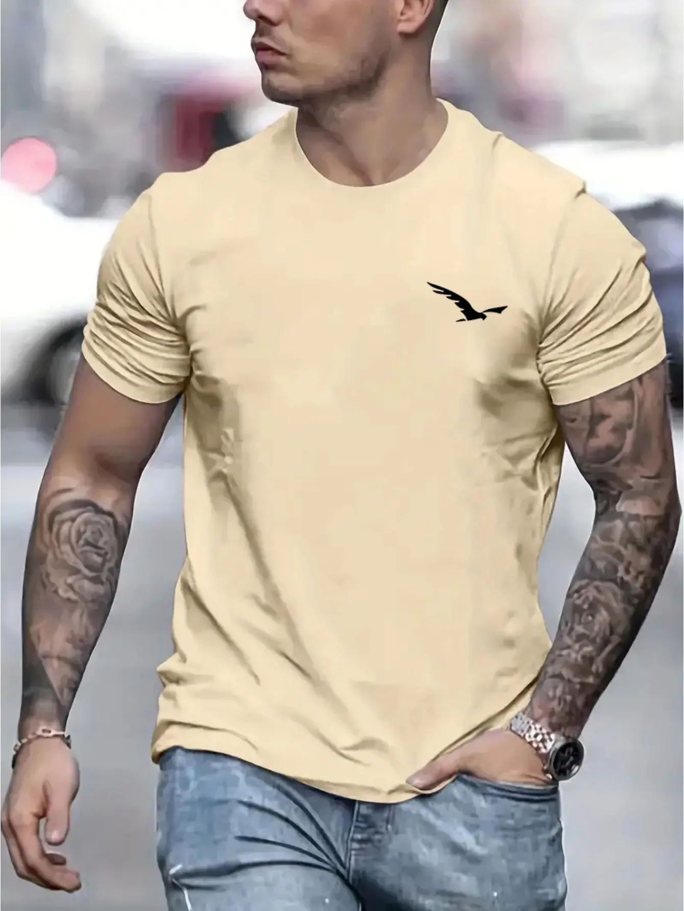 Men's 100% cotton summer loose fit Bird Graphic printed slim fit casual sports round neck short sleeved T-shirt top