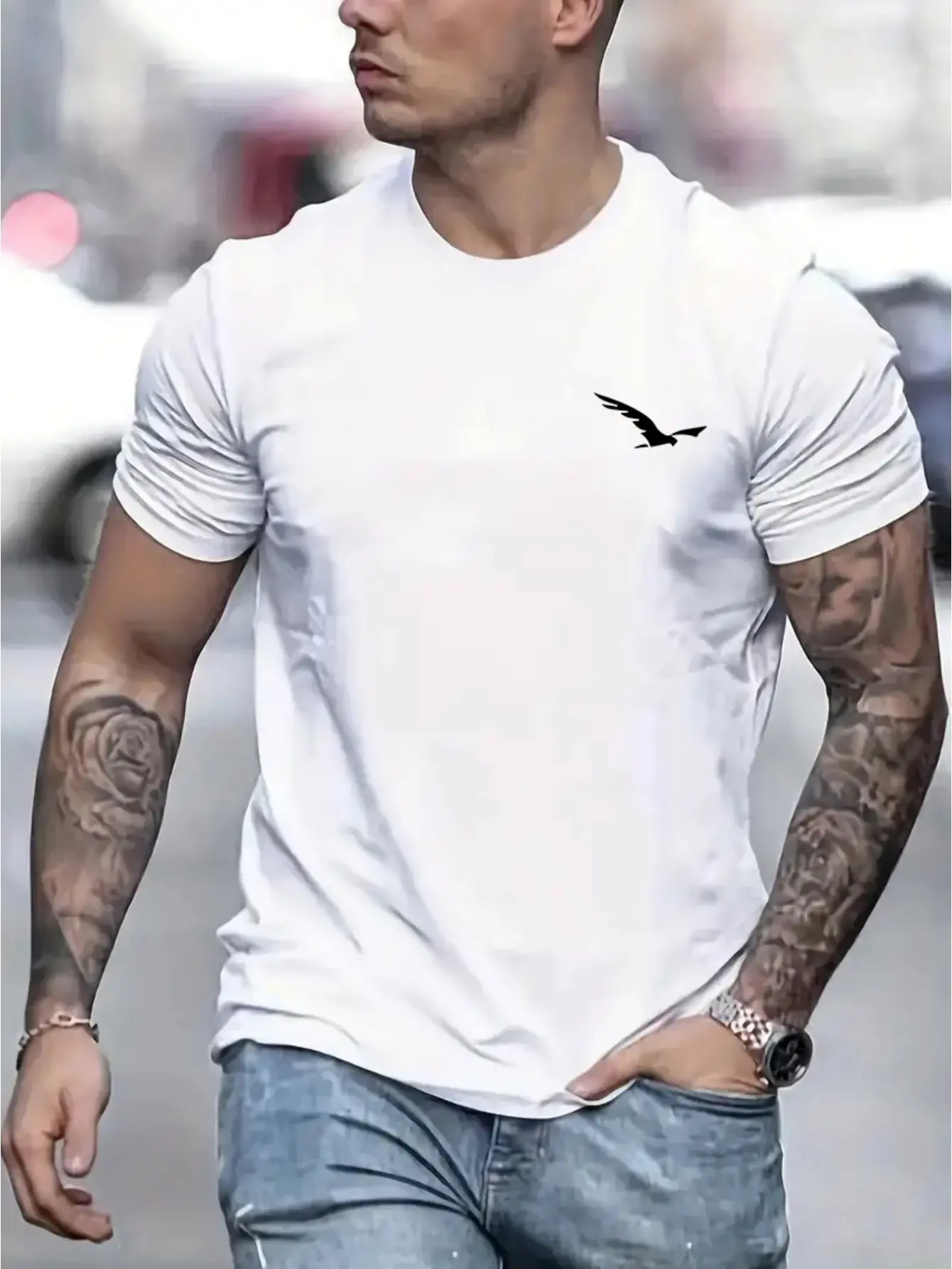 Men's 100% cotton summer loose fit Bird Graphic printed slim fit casual sports round neck short sleeved T-shirt top