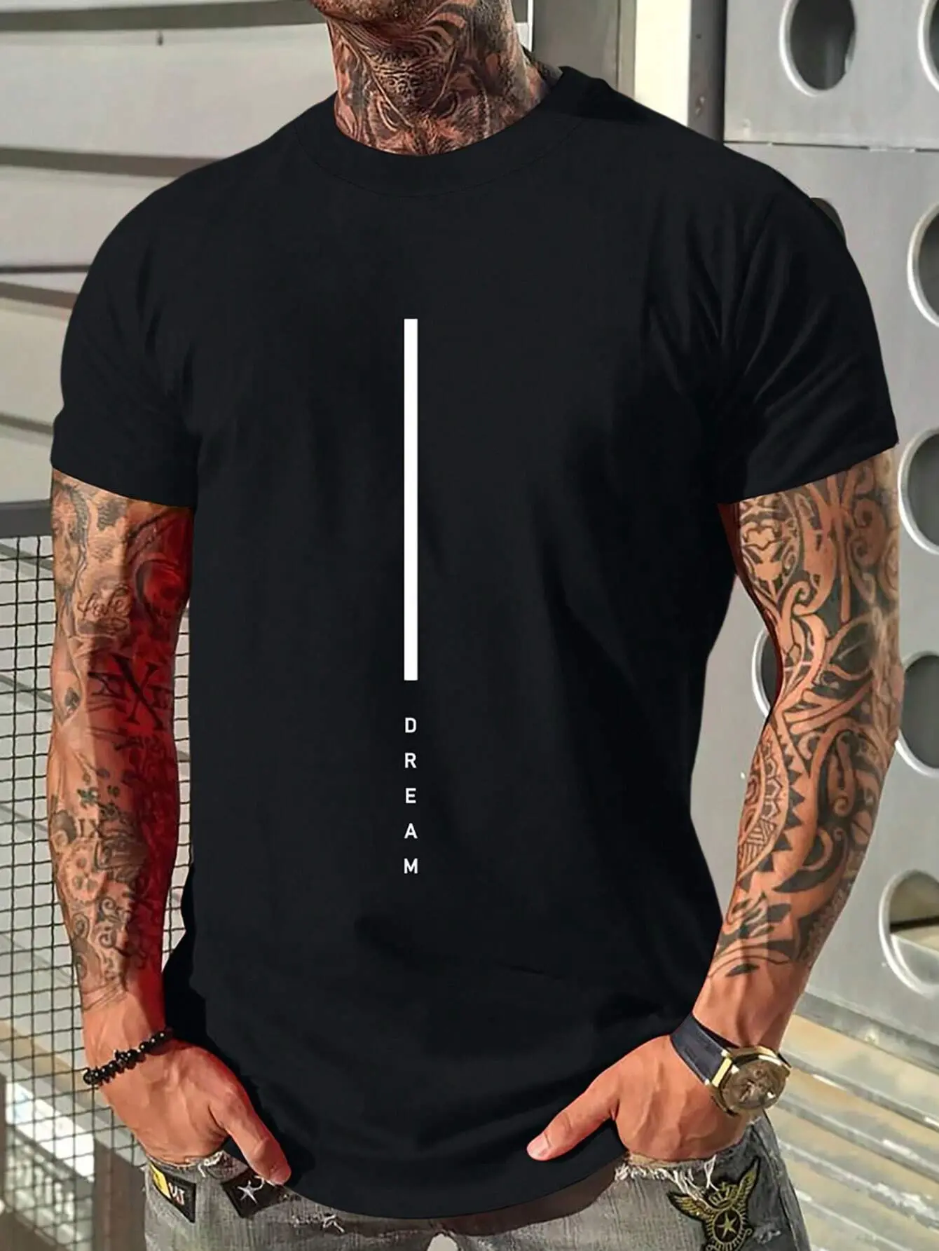 Men's 100% cotton summer loose fit DREAM Letter printed slim fit casual sports round neck short sleeved T-shirt top