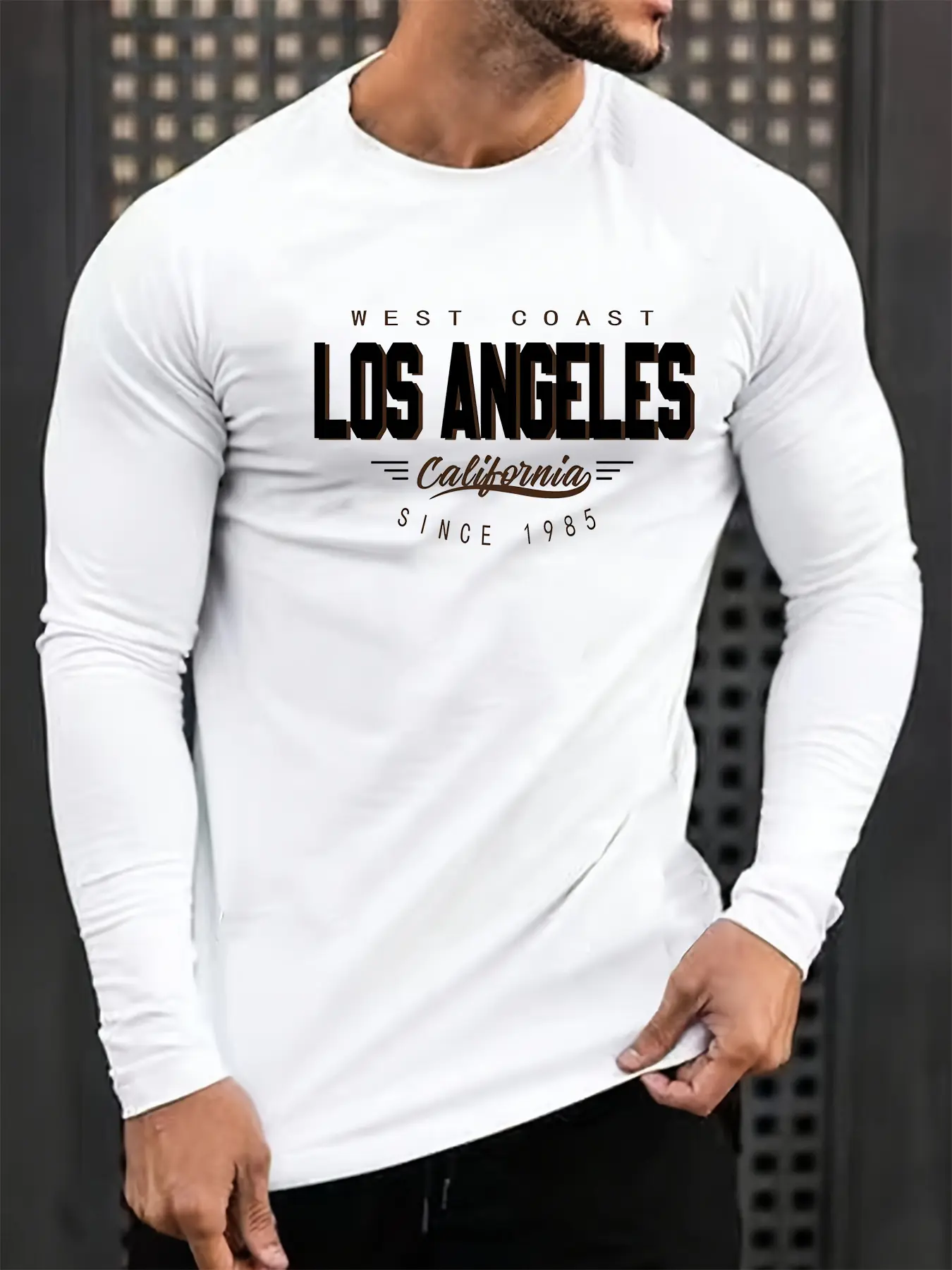 Men's 100% pure cotton loose fit comfortable sports and leisure California West Coast printed round neck long sleeved T-shirt