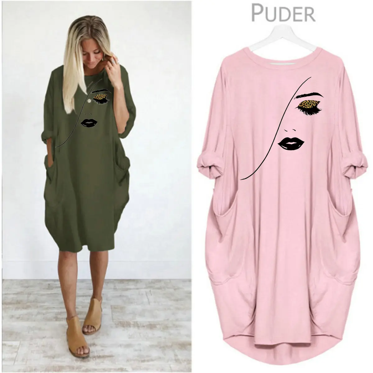 Women's Spring and Summer Sketched Portrait Pattern Printed Casual Fashion Loose Large Size Long Sleeve Pocket Dress