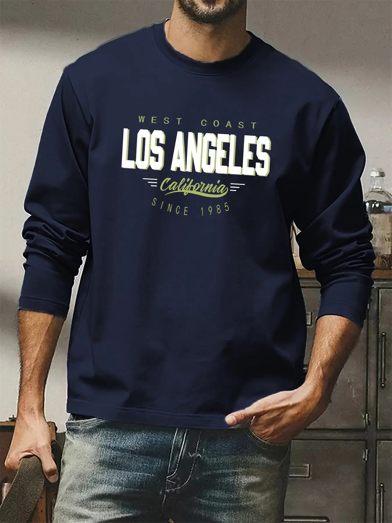 Men's 100% pure cotton loose fit comfortable sports and leisure California West Coast printed round neck long sleeved T-shirt