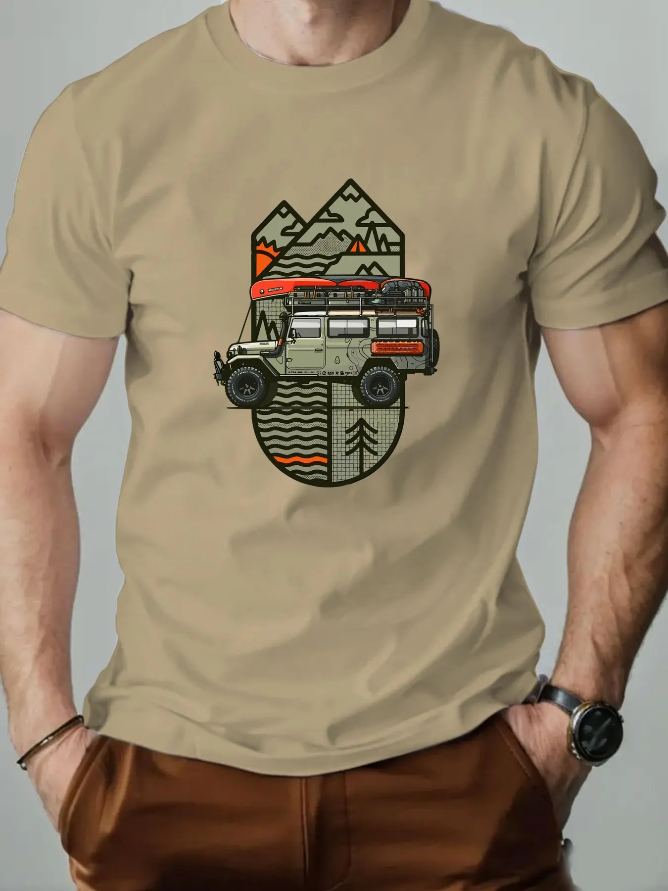 Men's summer 100% pure cotton fashionable casual loose off-road vehicle pattern printed collar short sleeved T-shirt top