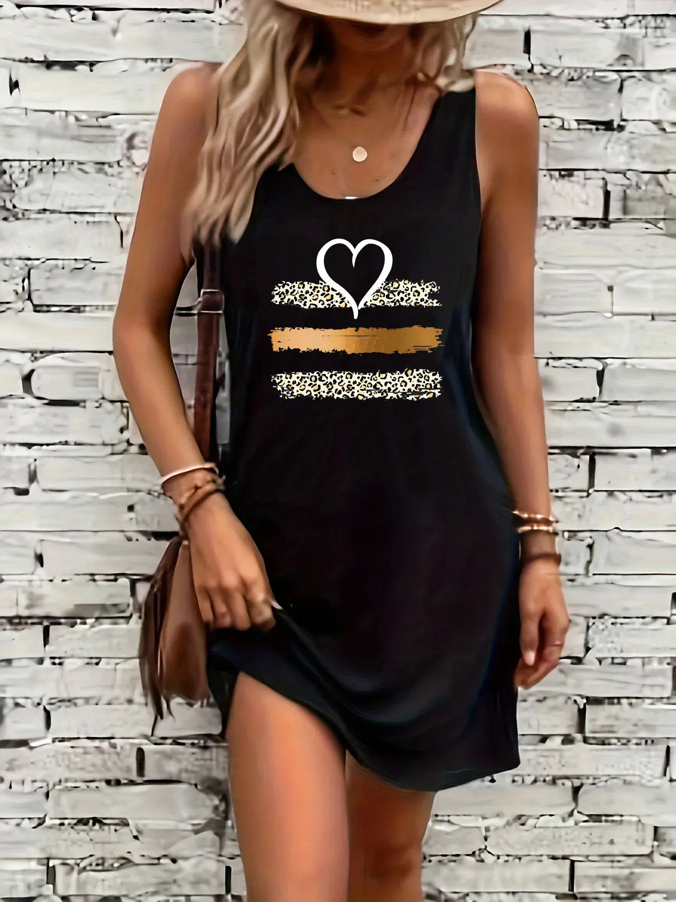 Women's summer loose and comfortable casual leopard print heart-shaped letter print black sleeveless vest dress punk style dress