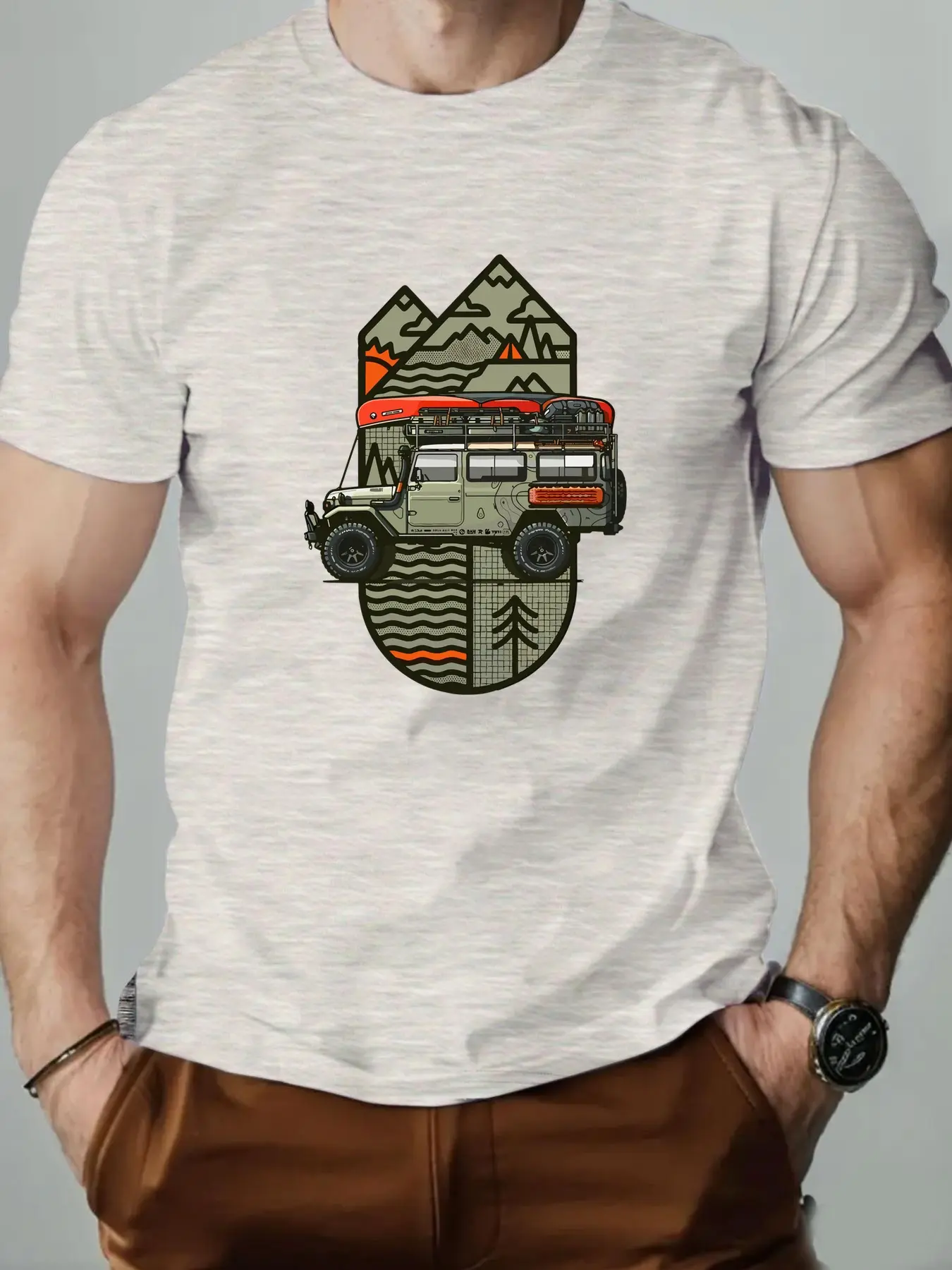Men's summer 100% pure cotton fashionable casual loose off-road vehicle pattern printed collar short sleeved T-shirt top