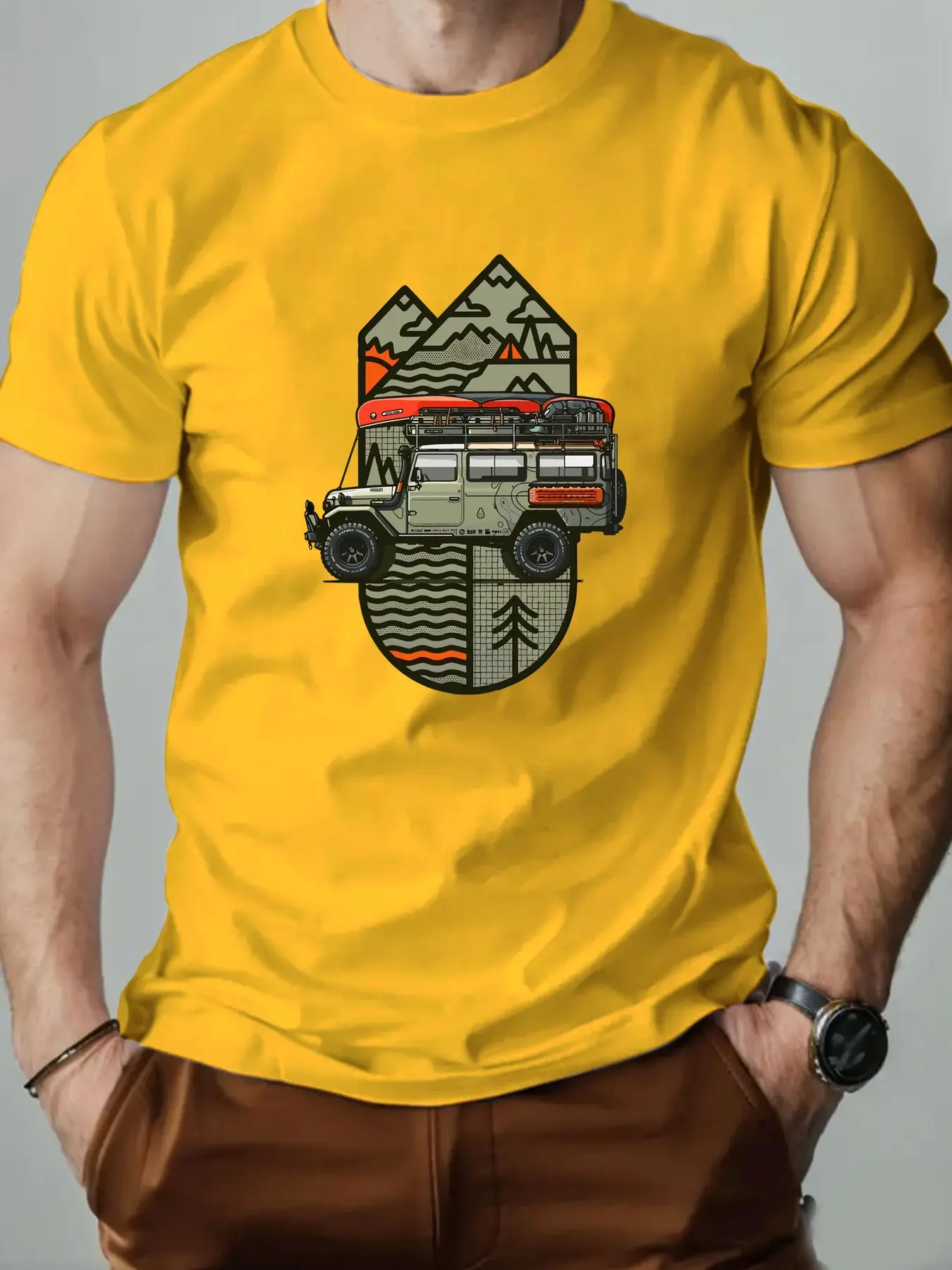 Men's summer 100% pure cotton fashionable casual loose off-road vehicle pattern printed collar short sleeved T-shirt top