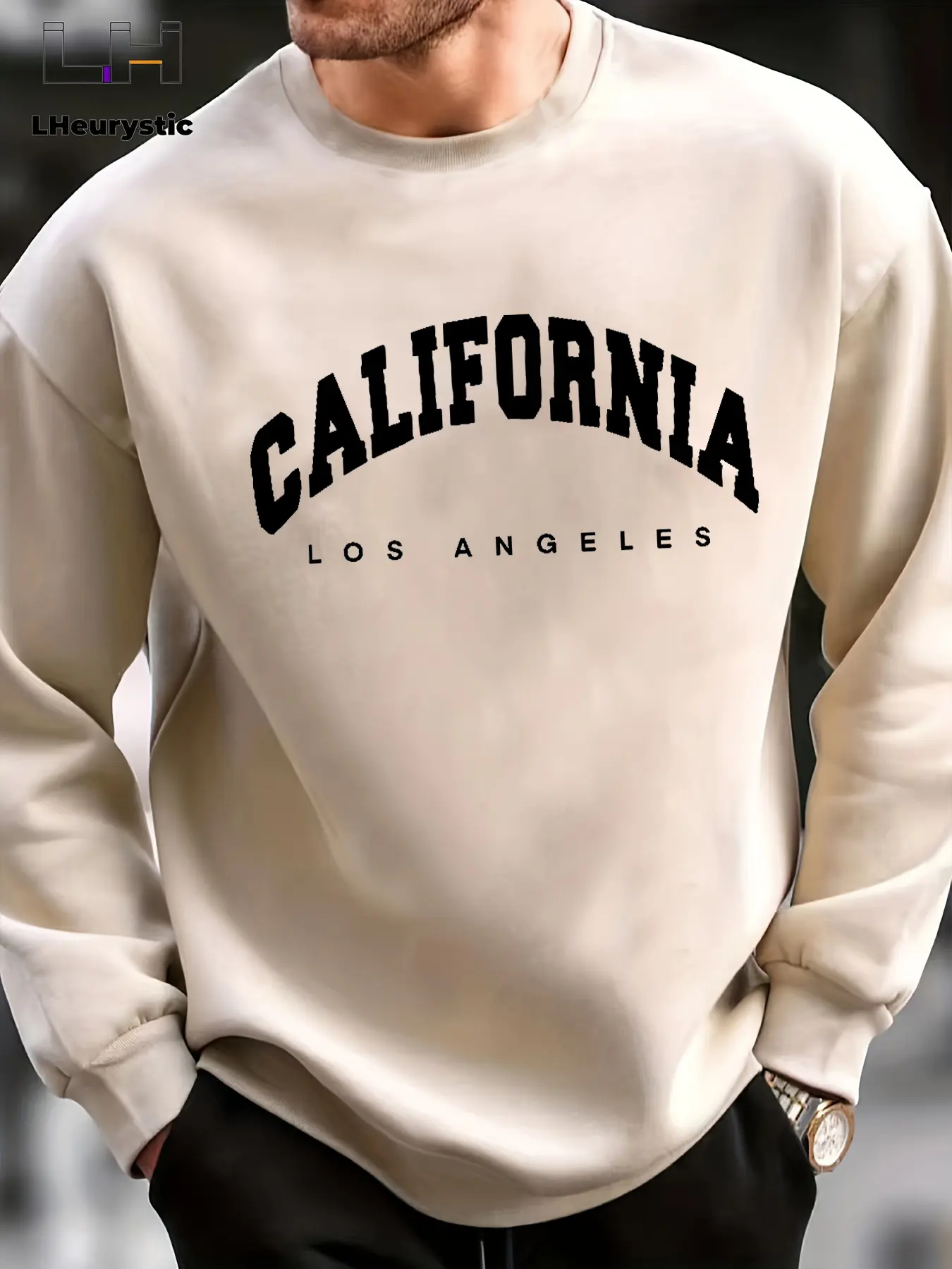 Men's autumn and winter fashionable casual loose oversized California print fleece pullover long sleeved round neck sweatshirt