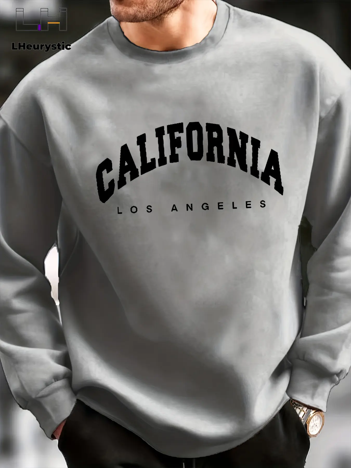 Men's autumn and winter fashionable casual loose oversized California print fleece pullover long sleeved round neck sweatshirt