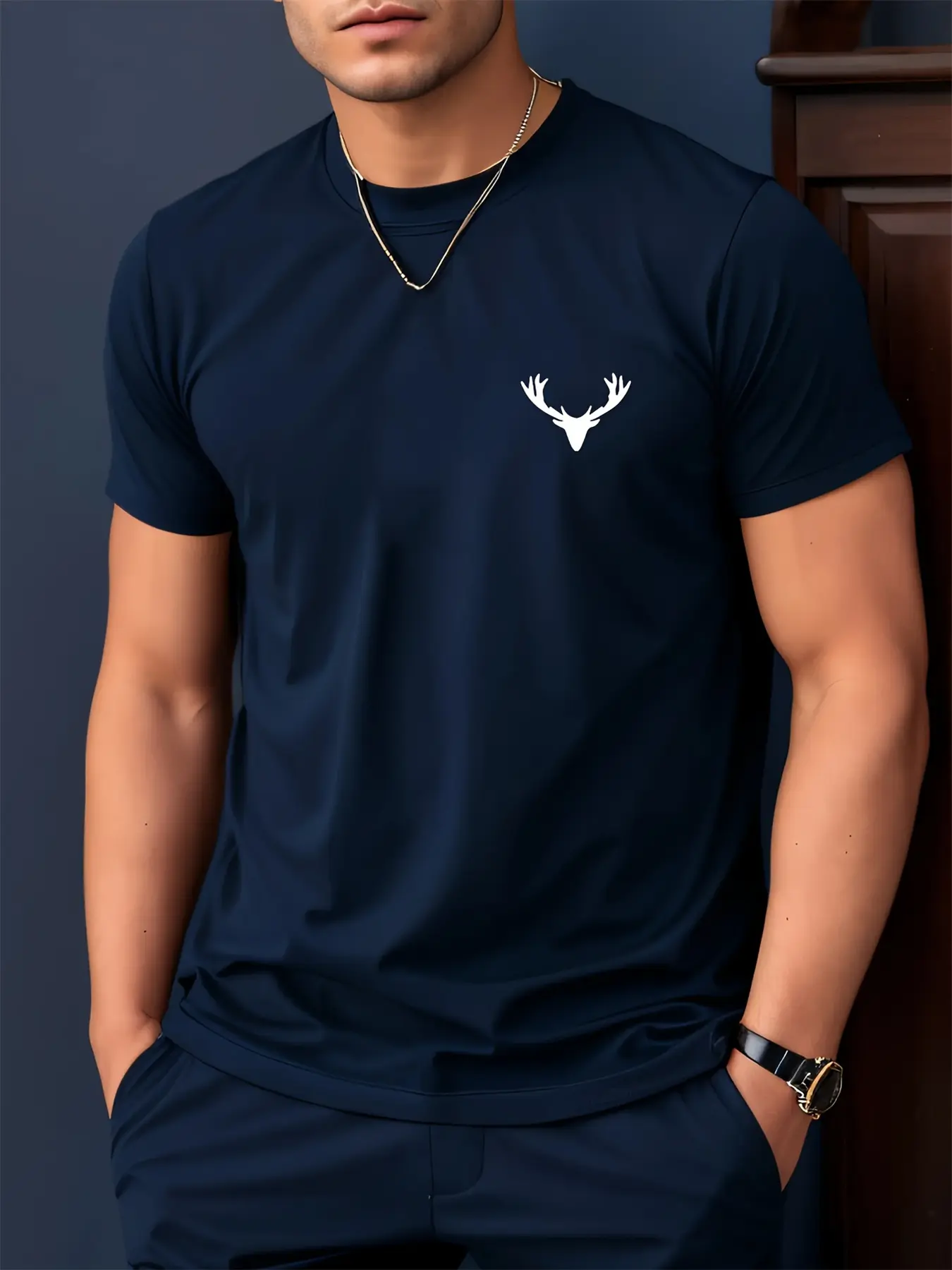 Men's summer 100 cotton fashionable casual loose plus size retro deer pattern printed sports round neck short sleeved T-shirt