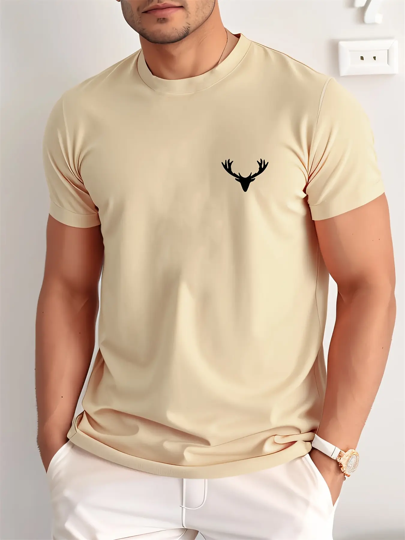 Men's summer 100 cotton fashionable casual loose plus size retro deer pattern printed sports round neck short sleeved T-shirt