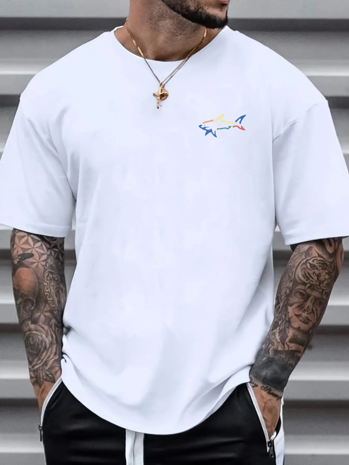 Men's 100% cotton summer loose fit shark pattern print casual slim fit round neck short sleeved T-shirt top