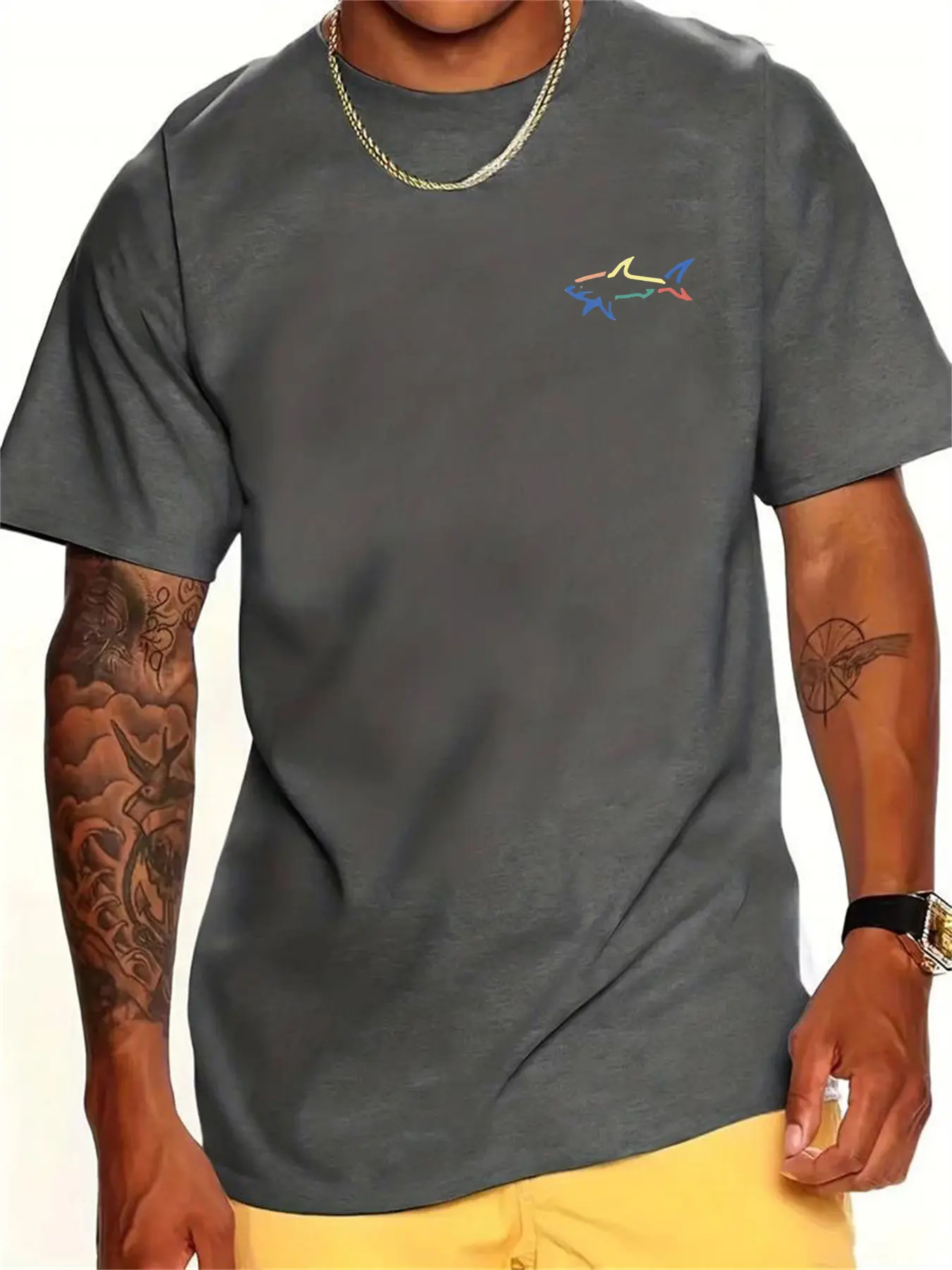 Men's 100% cotton summer loose fit shark pattern print casual slim fit round neck short sleeved T-shirt top
