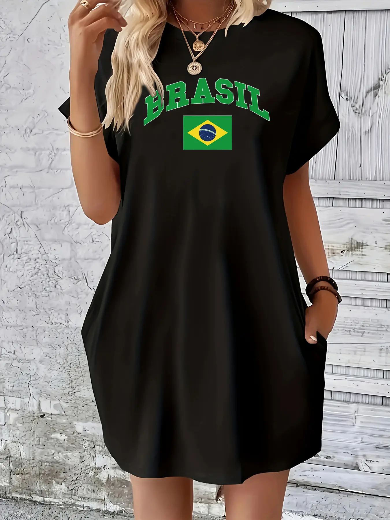 Women's BRASIL letter print Casual Harajuku Tops Funny loose short sleeved round neck pocket summer plus size casual dress