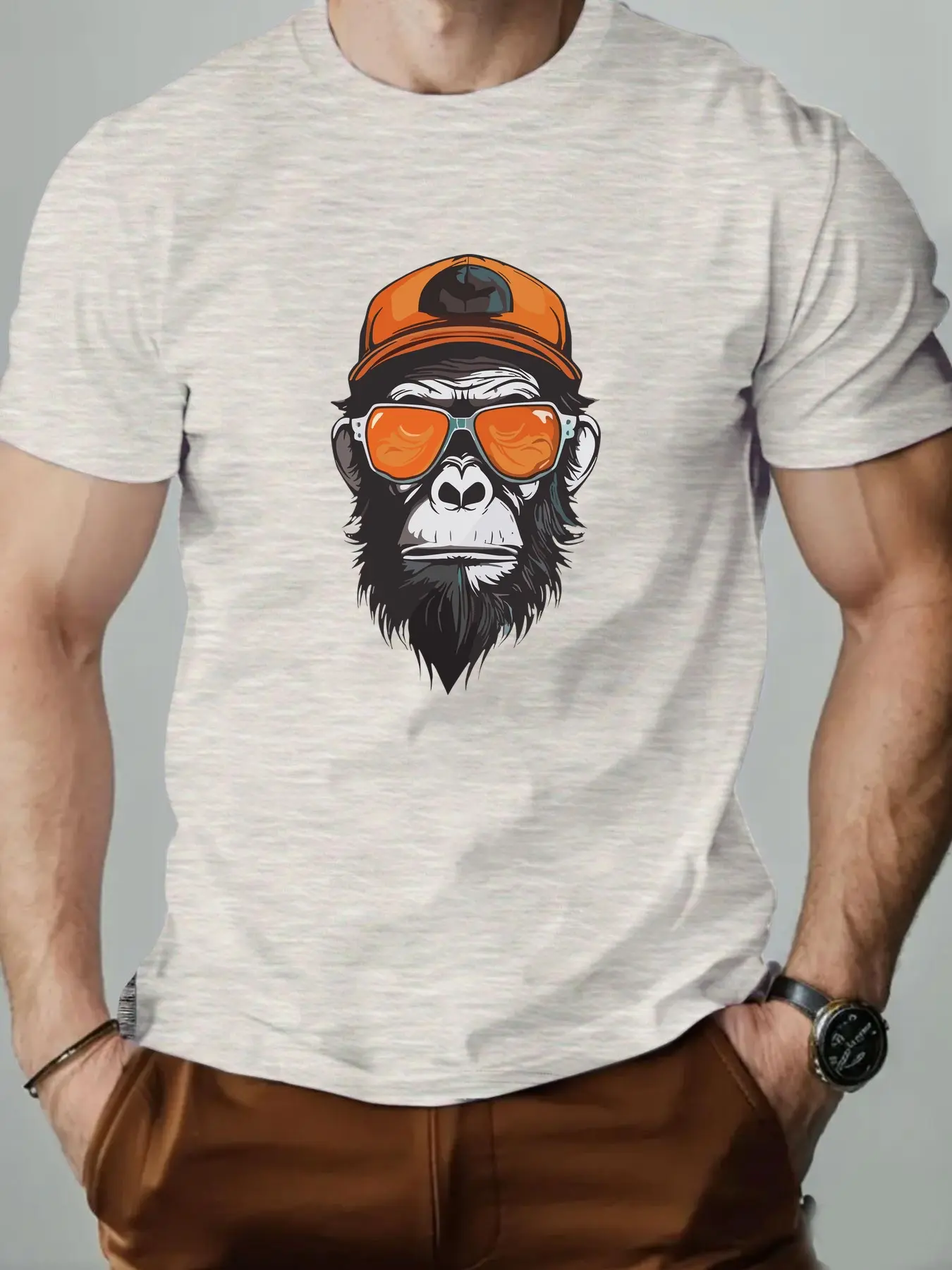 Men's summer 100% pure cotton fashionable casual sports loose monkey pattern printed round neck short sleeved T-shirt top