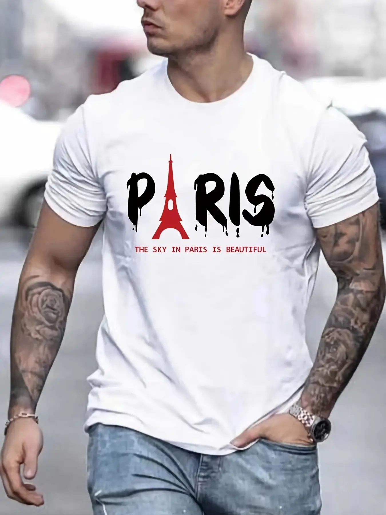 Men's Summer Paris Eiffel Tower Printed 100% Cotton Large Loose Round Neck Short Sleeve T-shirt Top  fashion casual