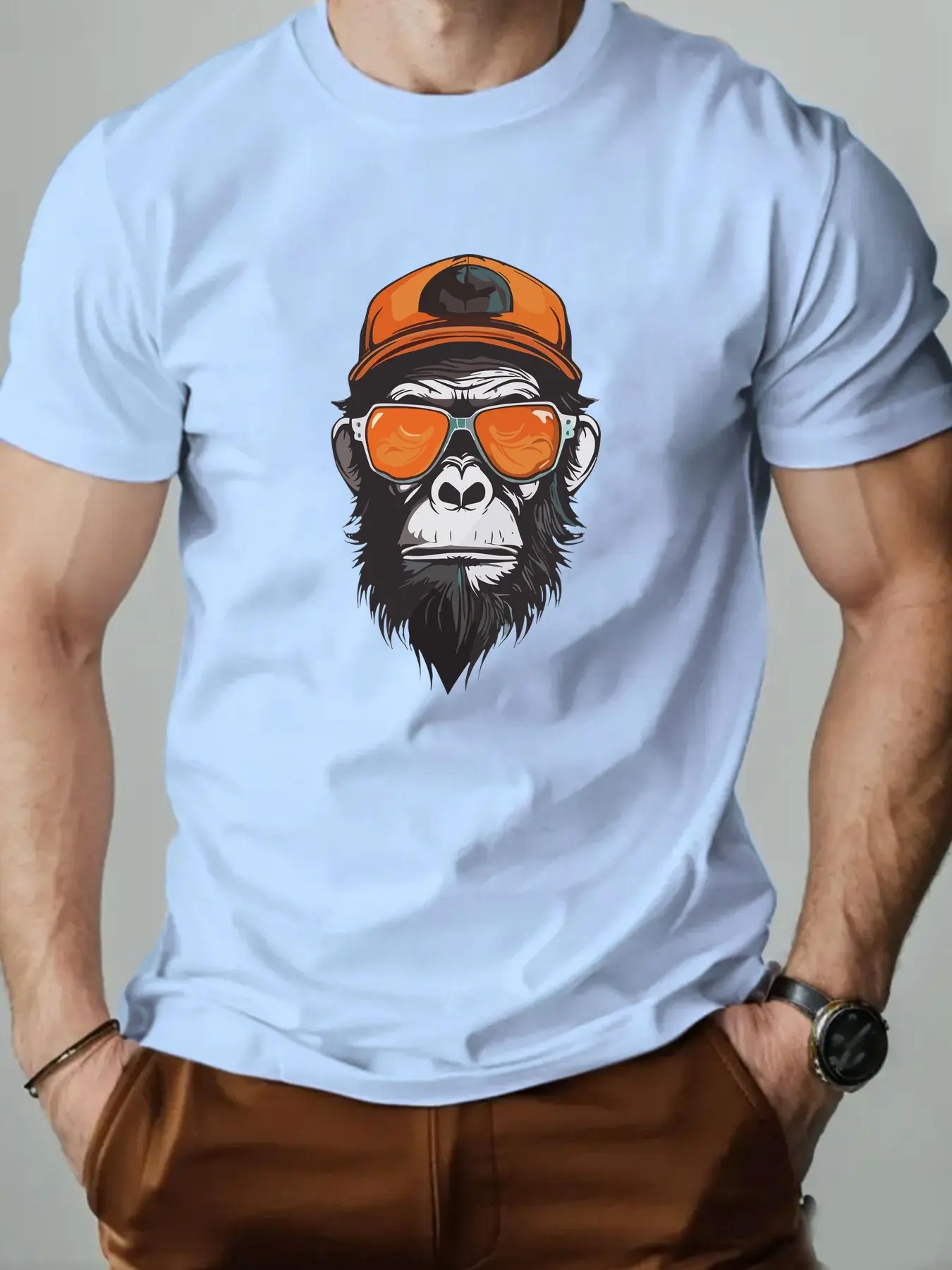 Men's summer 100% pure cotton fashionable casual sports loose monkey pattern printed round neck short sleeved T-shirt top