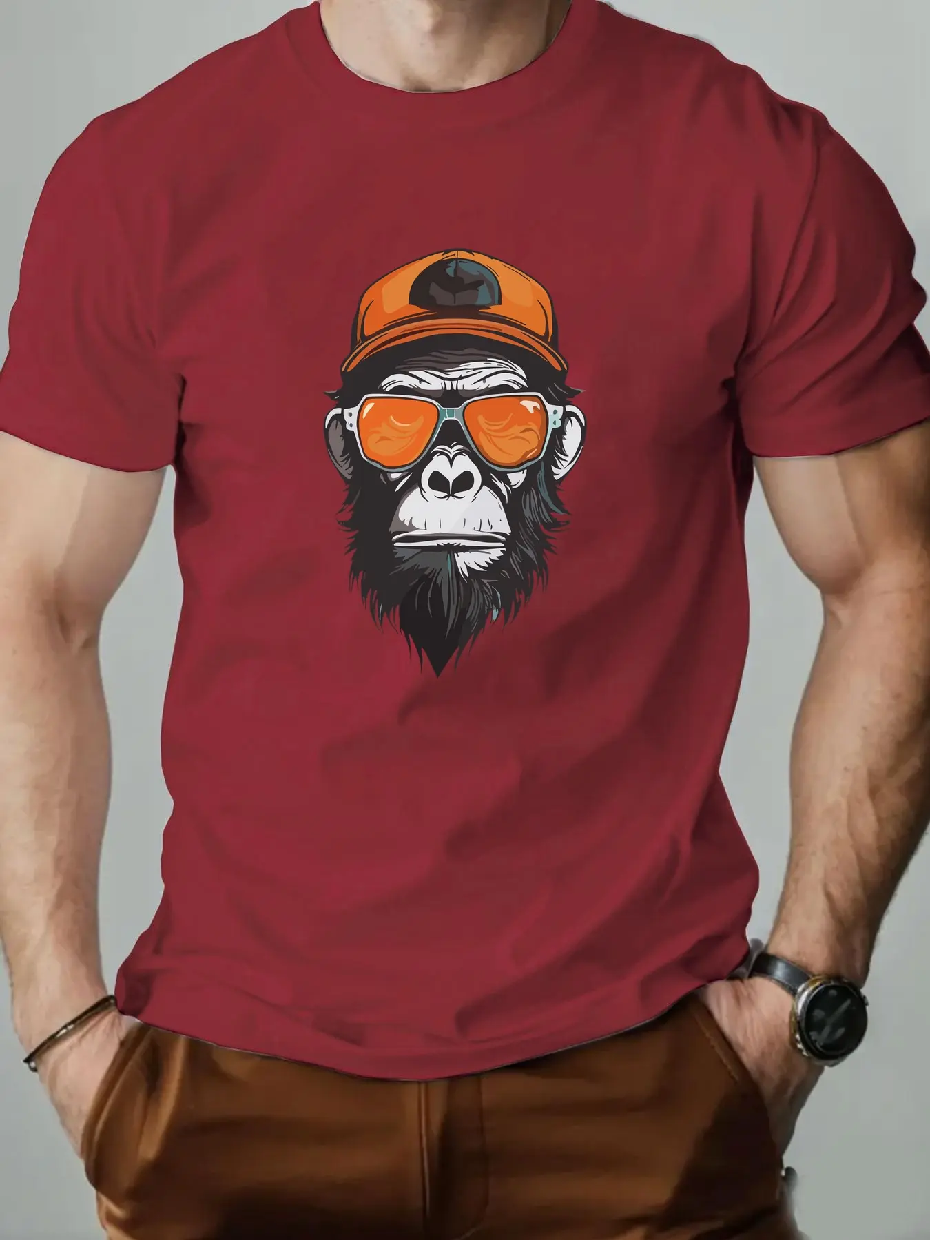 Men's summer 100% pure cotton fashionable casual sports loose monkey pattern printed round neck short sleeved T-shirt top