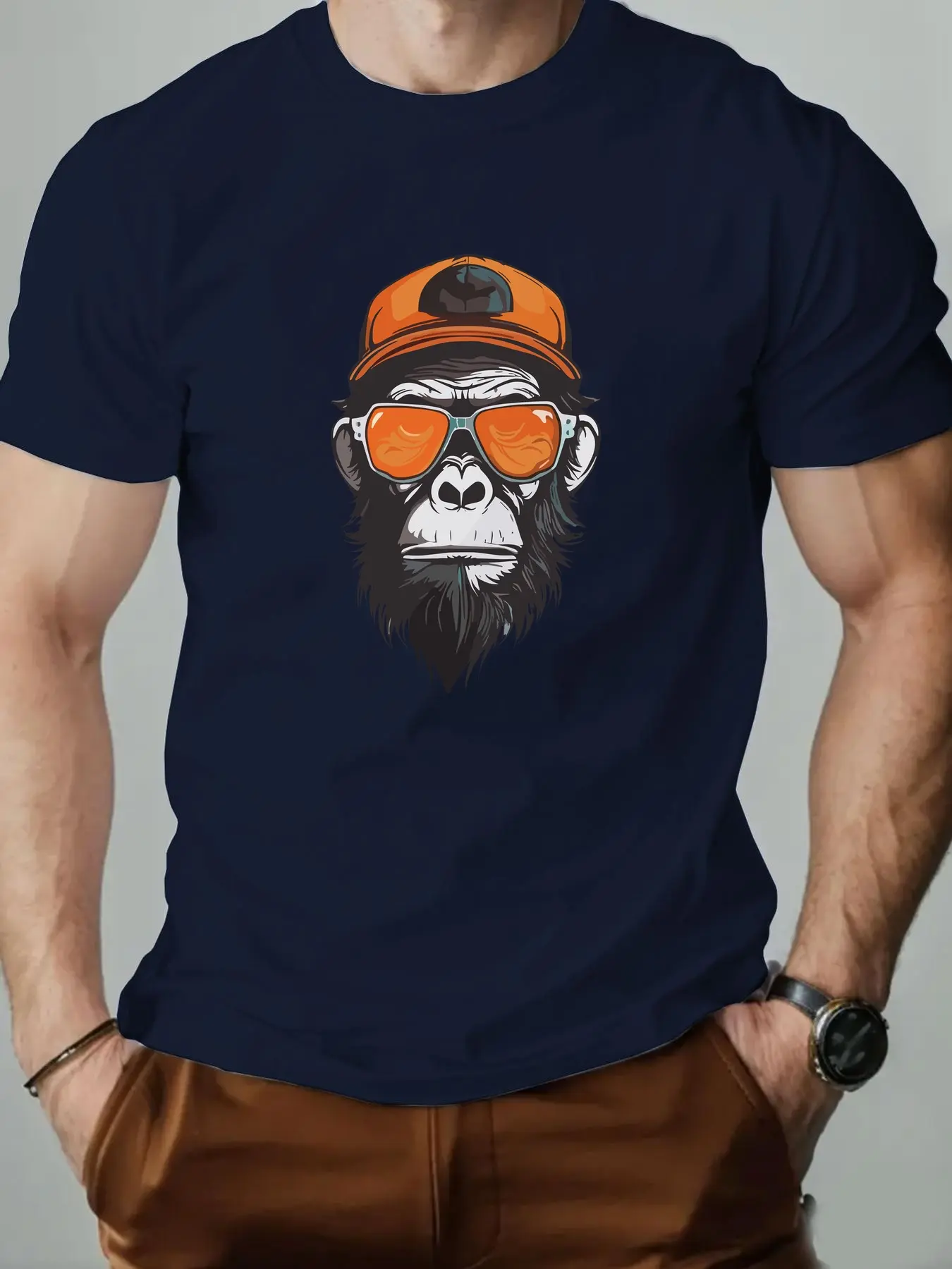 Men's summer 100% pure cotton fashionable casual sports loose monkey pattern printed round neck short sleeved T-shirt top