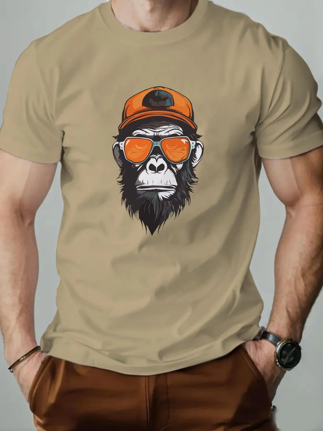Men's summer 100% pure cotton fashionable casual sports loose monkey pattern printed round neck short sleeved T-shirt top