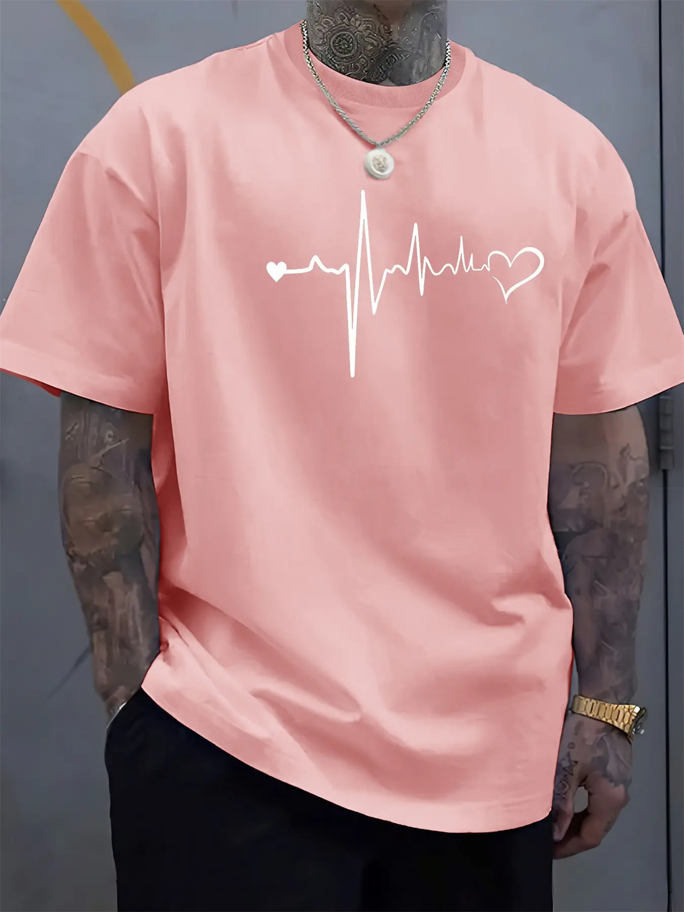 Men's Summer 100 Cotton Fashionable Casual Loose Large Heartbeat Creative Printed Sports Round Neck Short Sleeve T-shirt Top