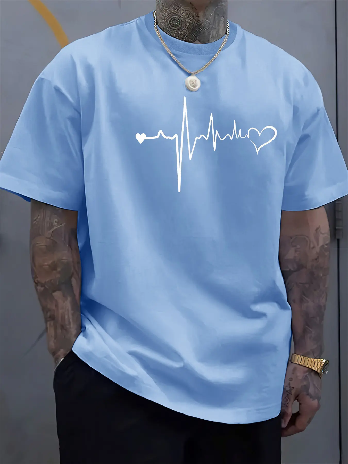 Men's Summer 100 Cotton Fashionable Casual Loose Large Heartbeat Creative Printed Sports Round Neck Short Sleeve T-shirt Top