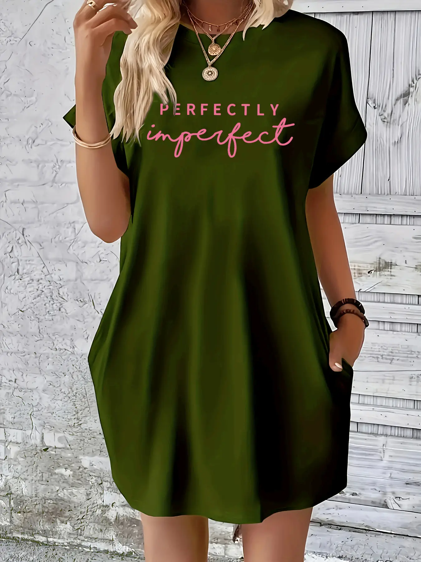 Women's PERFCTLY letter print Street Casual  Style loose short sleeved round neck pocket summer plus size casual dress