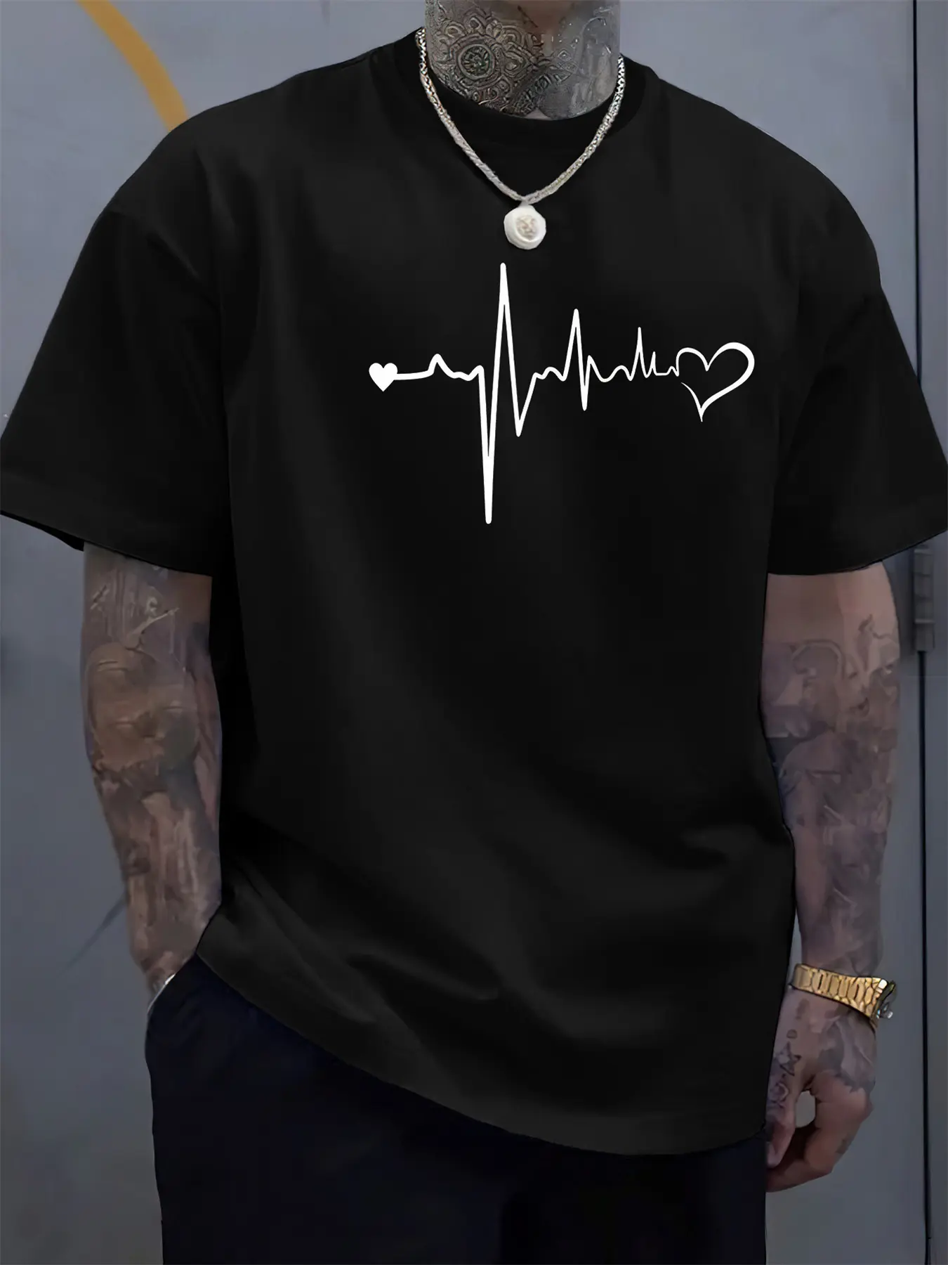 Men's Summer 100 Cotton Fashionable Casual Loose Large Heartbeat Creative Printed Sports Round Neck Short Sleeve T-shirt Top