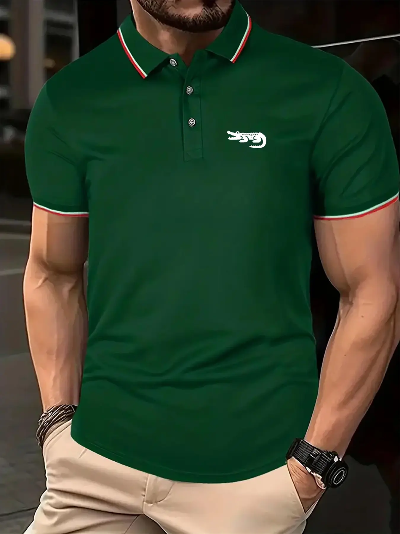 Men's Summer 100 Cotton Fashion Casual Crocodile Pattern Printed Loose Large Collar Short Sleeve Polo Top
