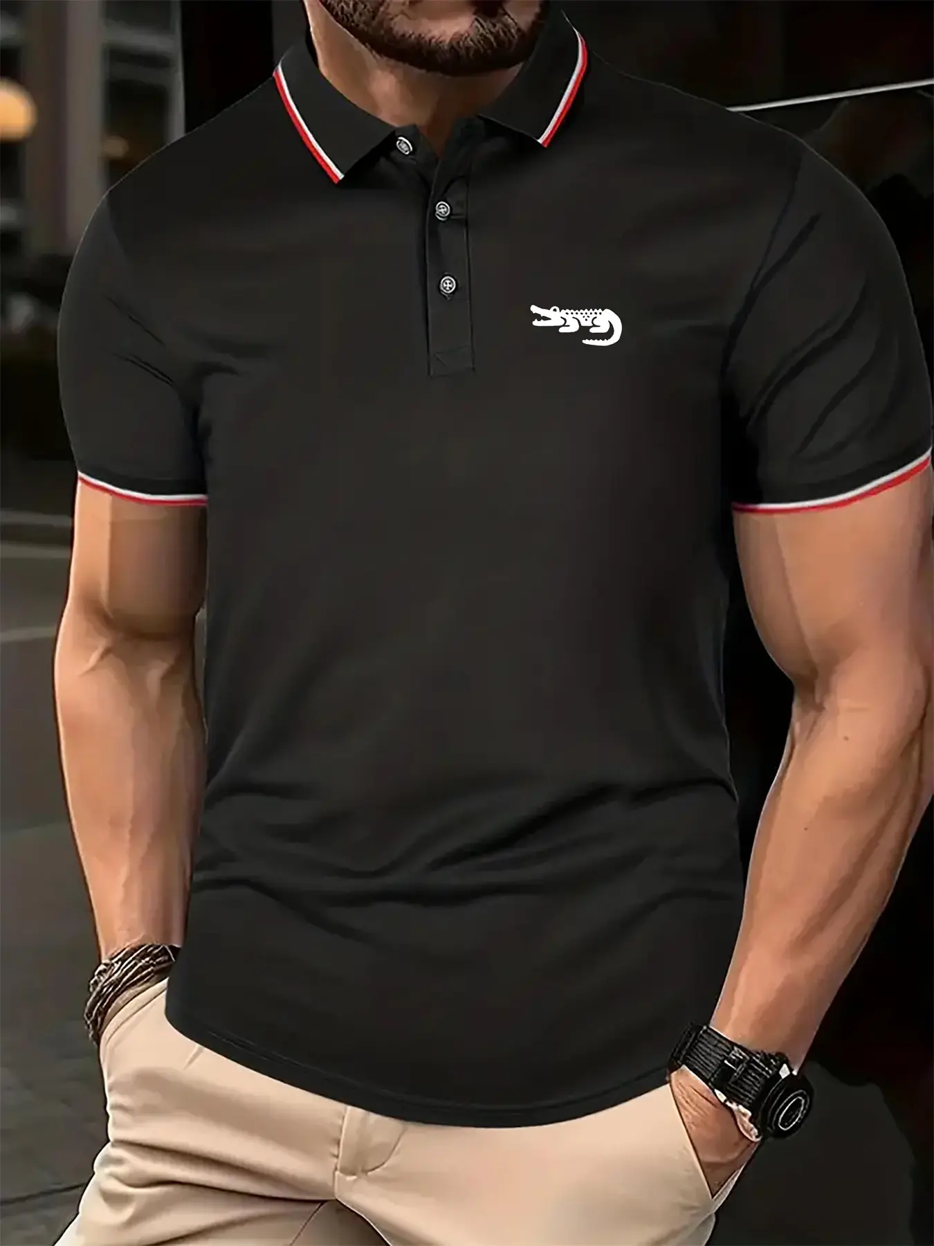 Men's Summer 100 Cotton Fashion Casual Crocodile Pattern Printed Loose Large Collar Short Sleeve Polo Top