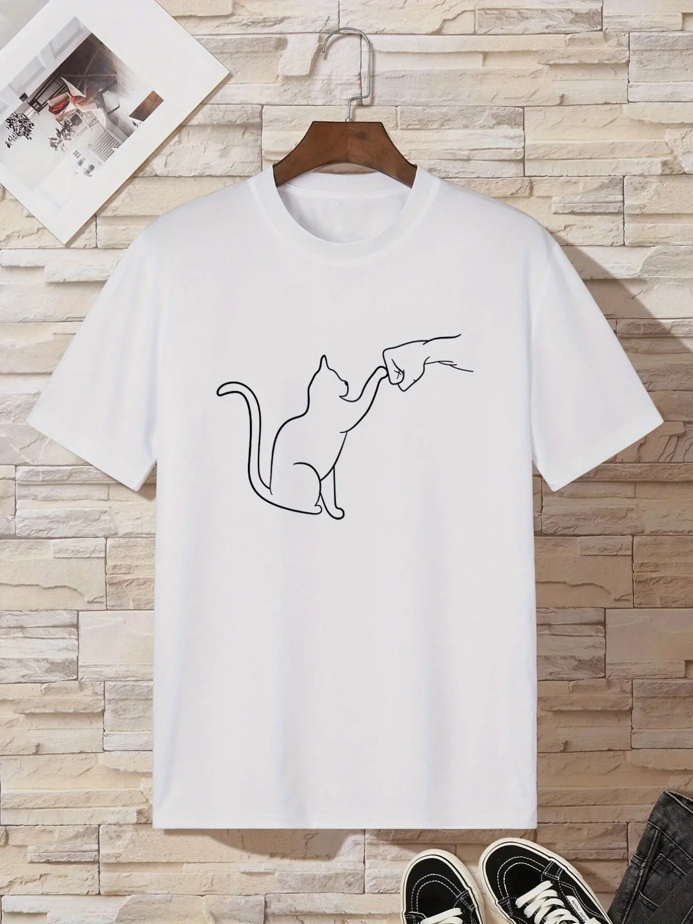 Men's summer 100% pure cotton fashionable casual sports loose cat pattern printed sports round neck short sleeved T-shirt top