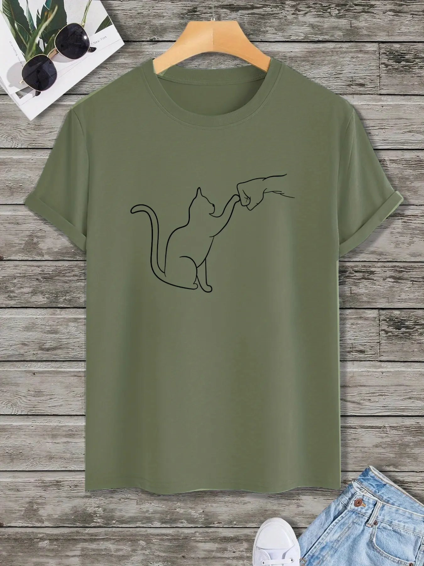 Men's summer 100% pure cotton fashionable casual sports loose cat pattern printed sports round neck short sleeved T-shirt top