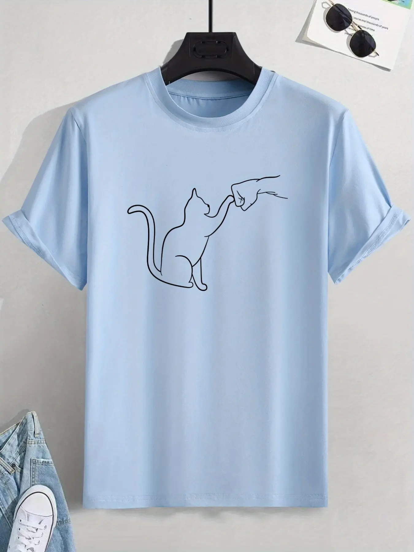 Men's summer 100% pure cotton fashionable casual sports loose cat pattern printed sports round neck short sleeved T-shirt top