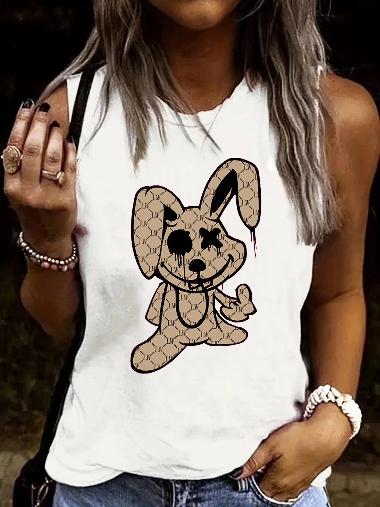 Women's Summer Cartoon Rabbit Print Loose Size Breathable and Comfortable Sleeveless Tank Top T-shirt