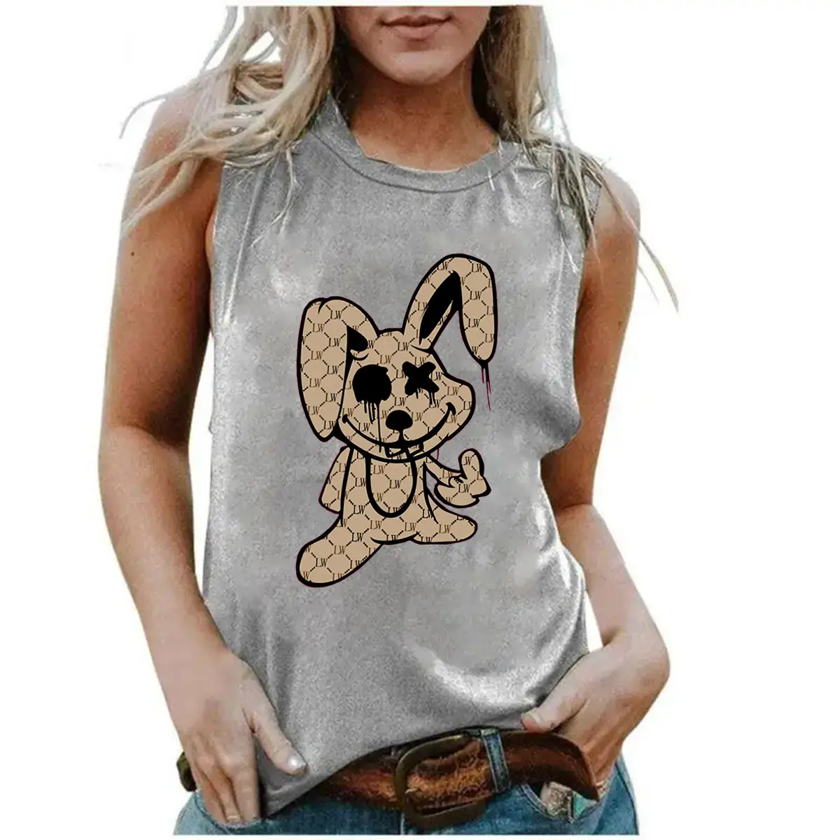 Women's Summer Cartoon Rabbit Print Loose Size Breathable and Comfortable Sleeveless Tank Top T-shirt