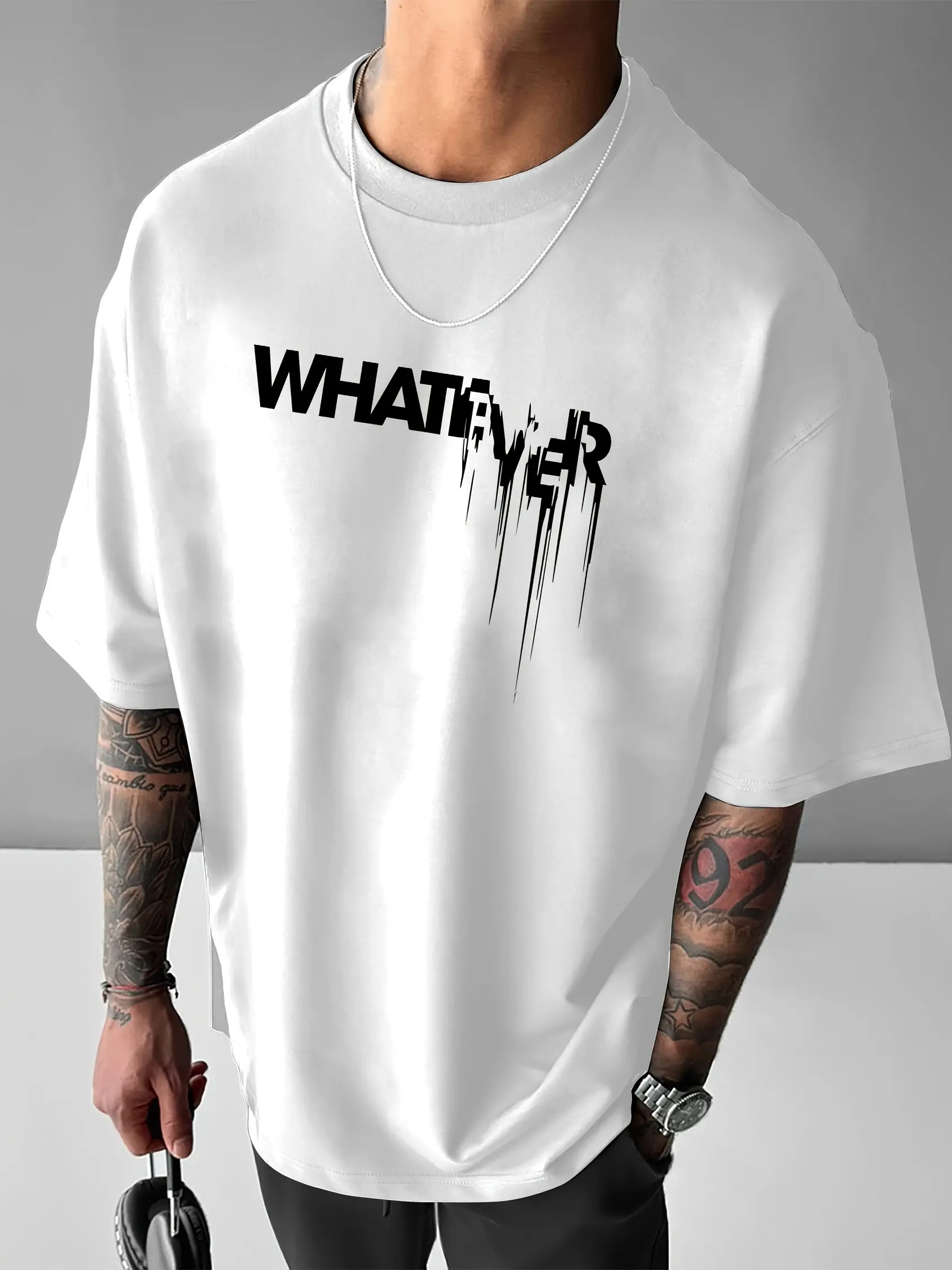 Men's 100% pure cotton summer loose fit WHATEVER letter pattern printed casual and comfortable round neck short sleeved T-shirt
