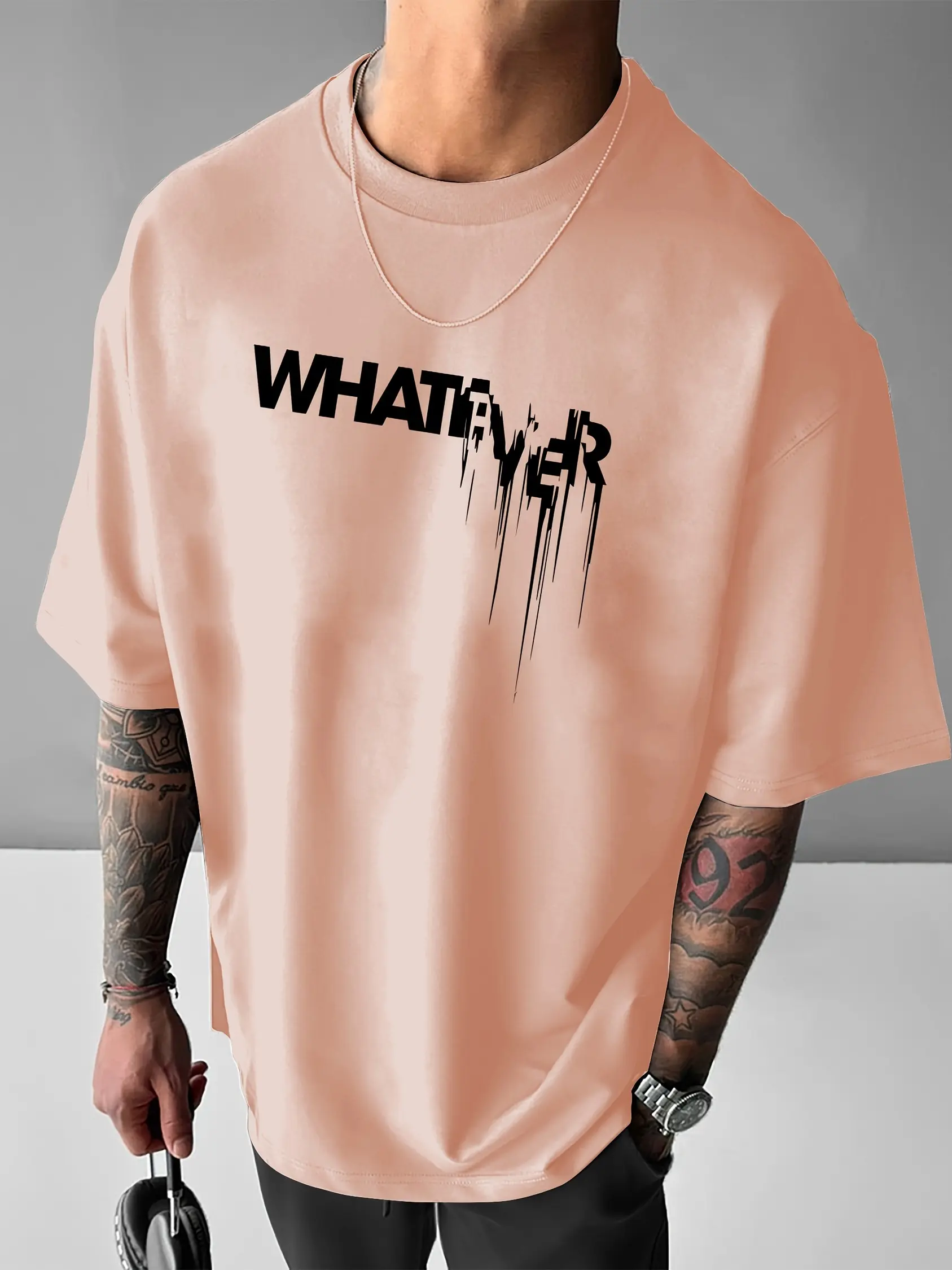 Men's 100% pure cotton summer loose fit WHATEVER letter pattern printed casual and comfortable round neck short sleeved T-shirt