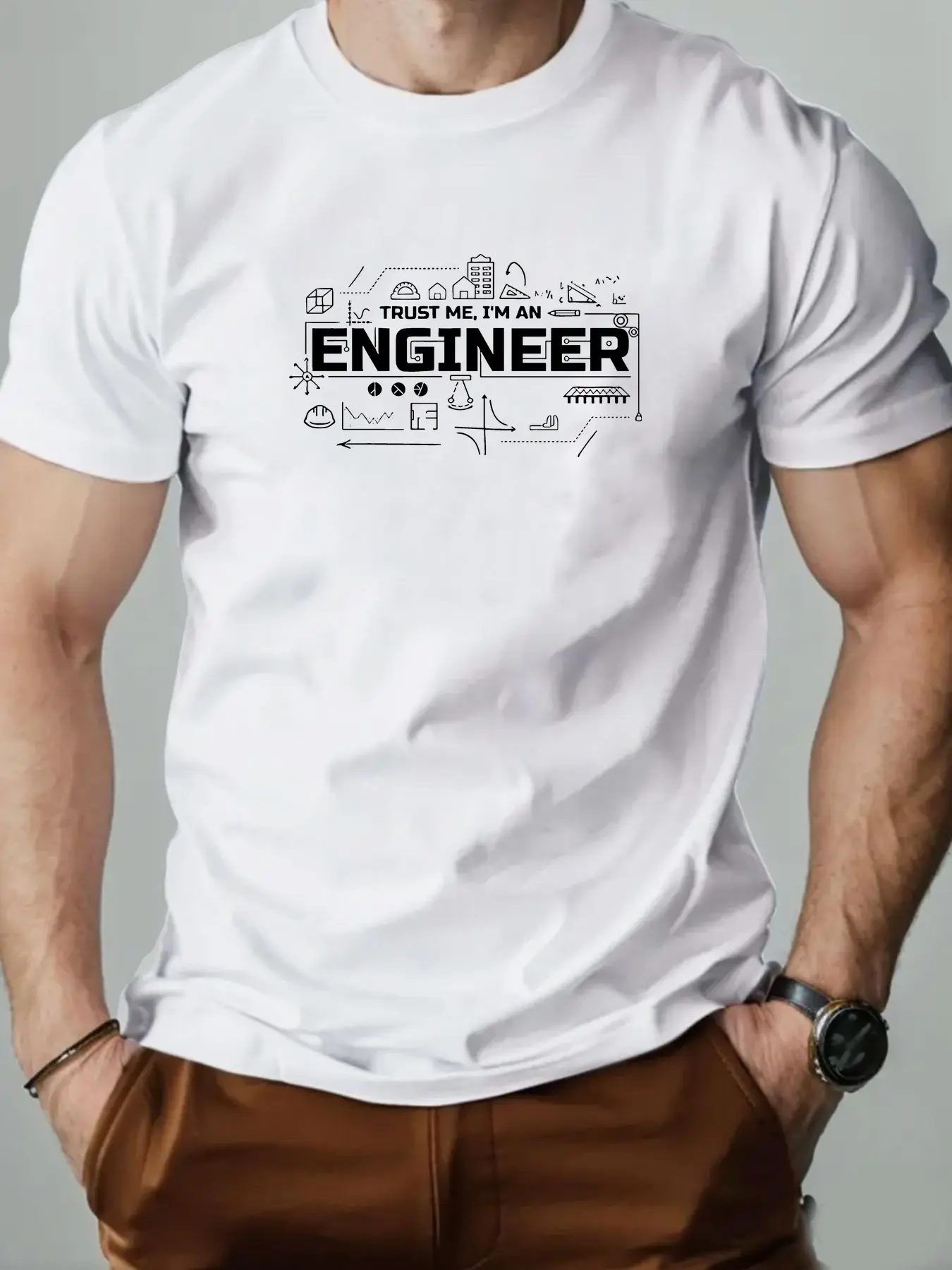 Men's summer 100% pure cotton fashionable casual sports loose fashion engineer pattern printed round neck short sleeved T-shirt