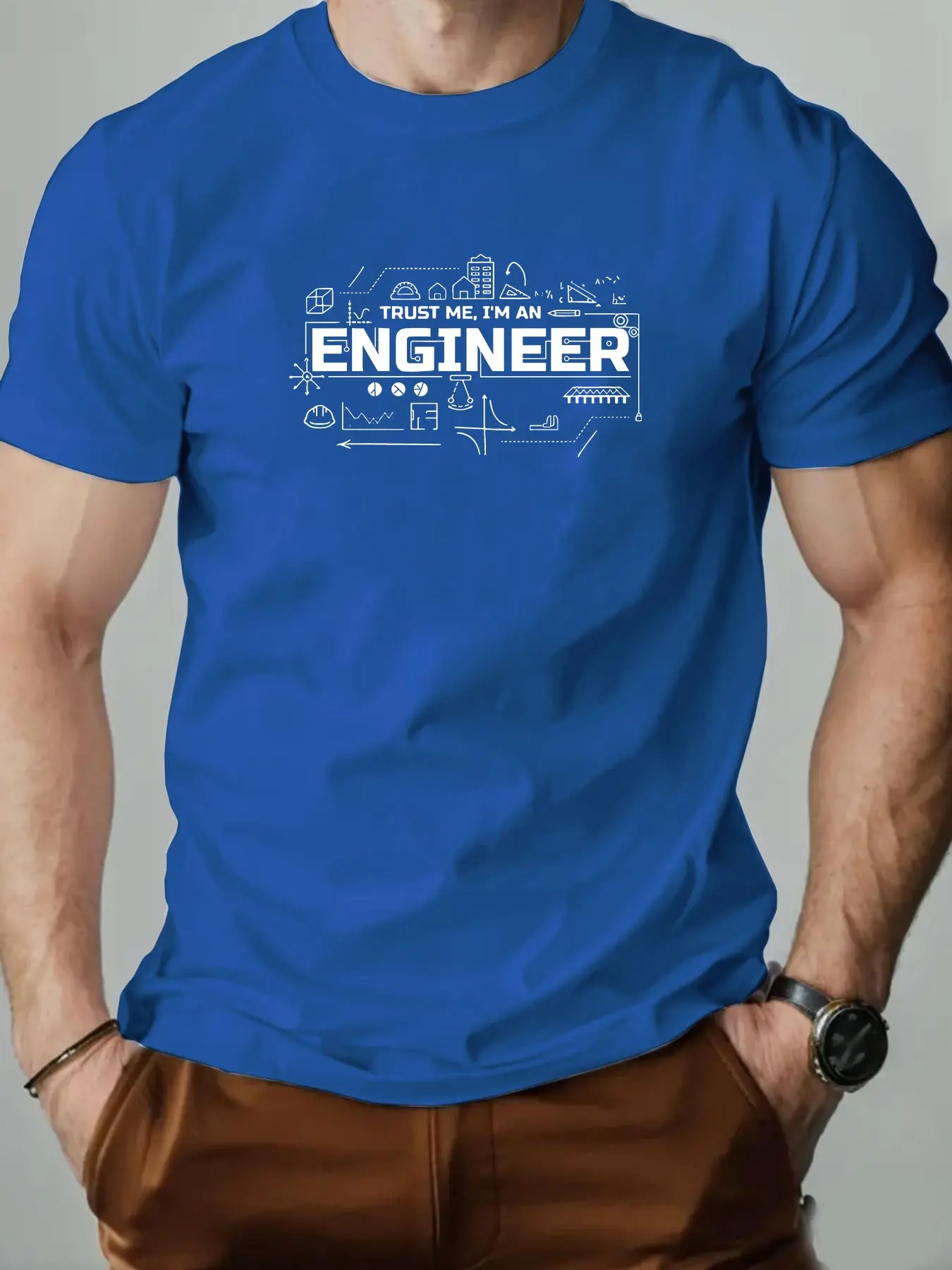 Men's summer 100% pure cotton fashionable casual sports loose fashion engineer pattern printed round neck short sleeved T-shirt