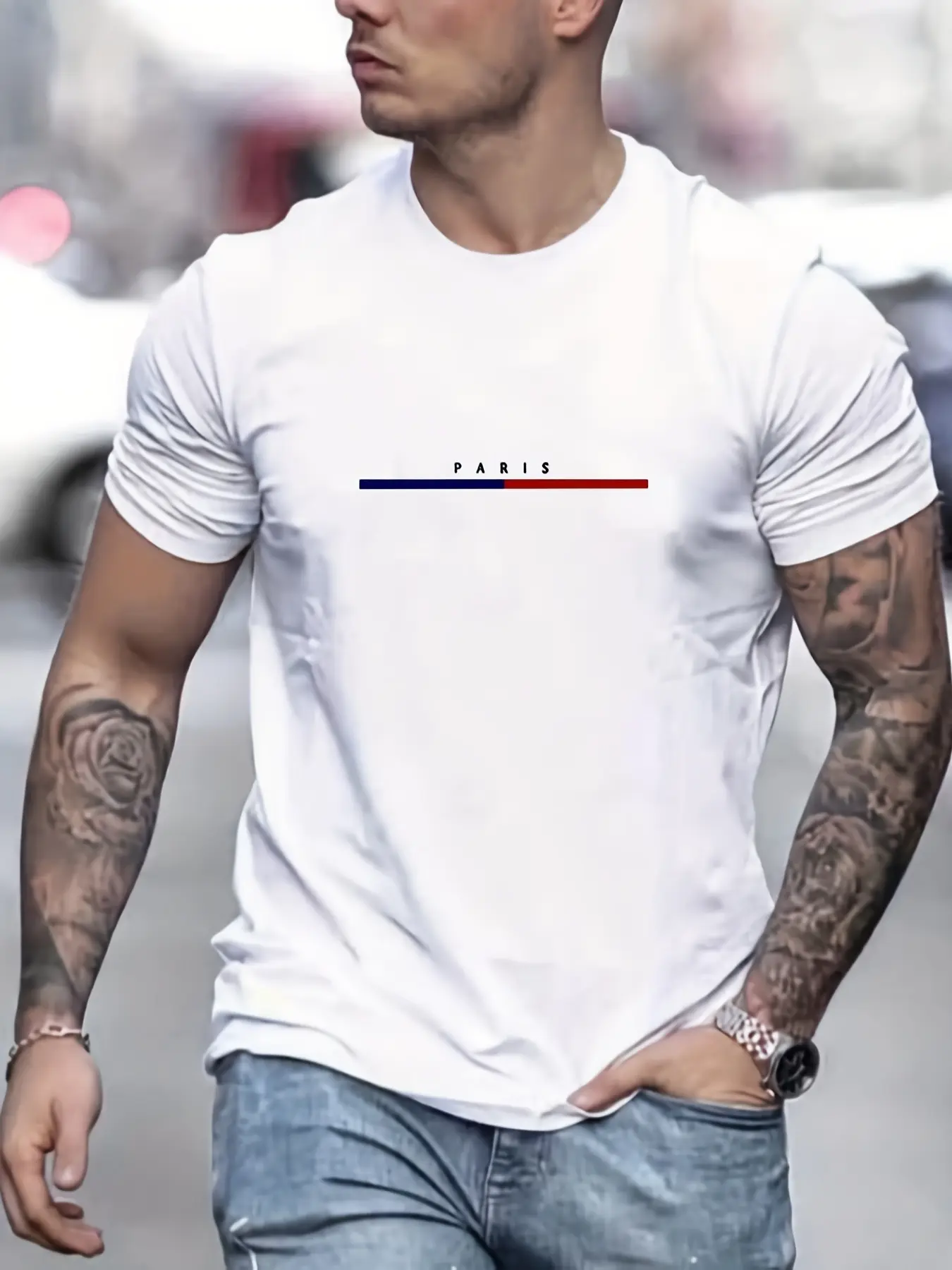 Men's 100% pure cotton casual fashionable loose plus size Paris letter printed round neck short sleeved T-shirt top
