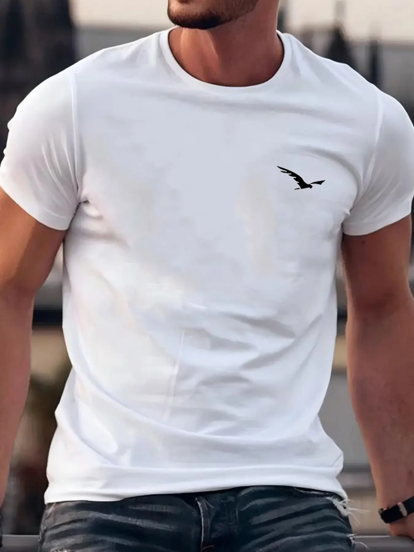 Men's Summer 100% Cotton Fashionable Casual Loose Sport Bird Pattern Printed Round Neck Short Sleeve T-shirt Top