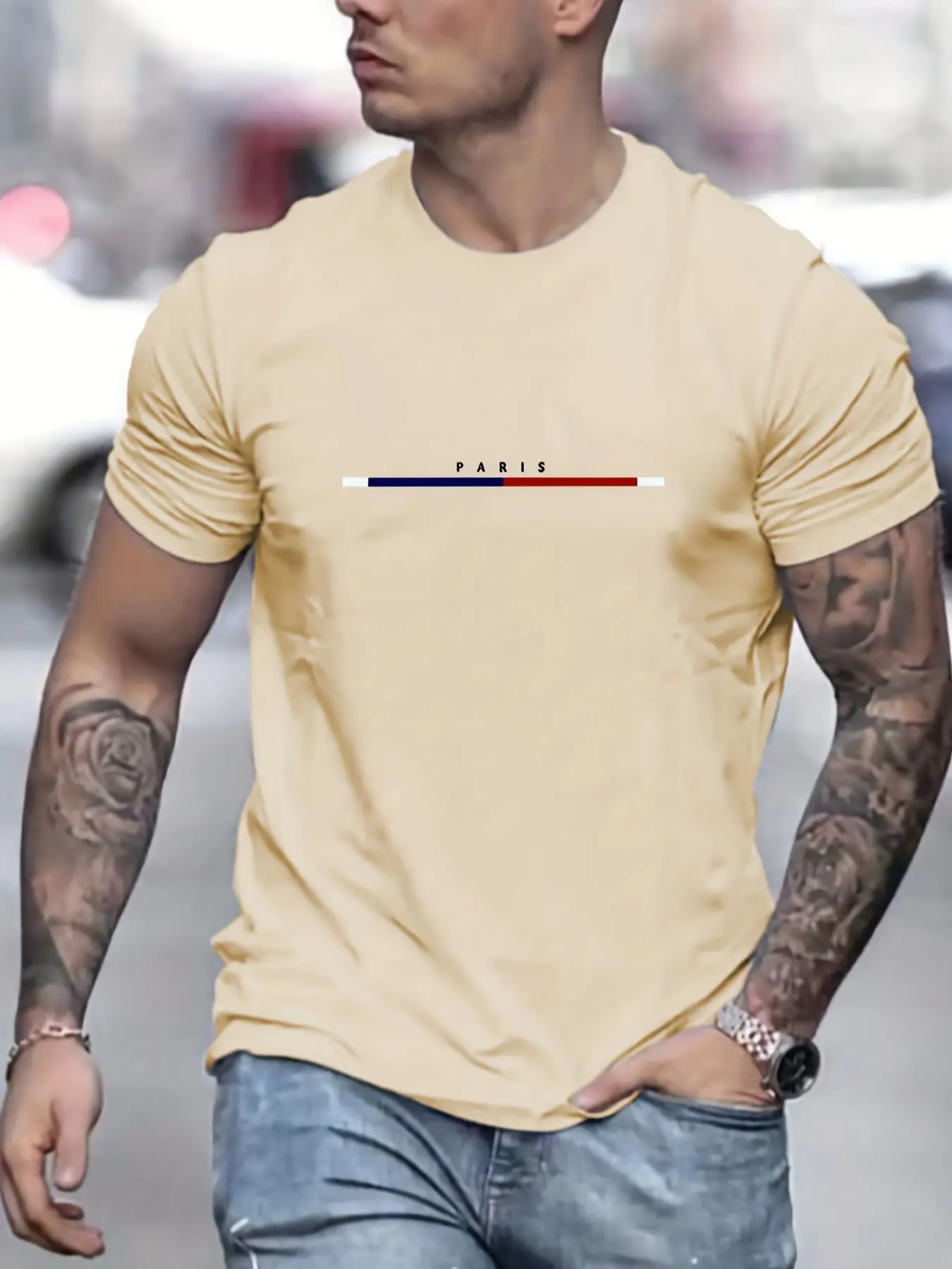 Men's 100% pure cotton casual fashionable loose plus size Paris letter printed round neck short sleeved T-shirt top