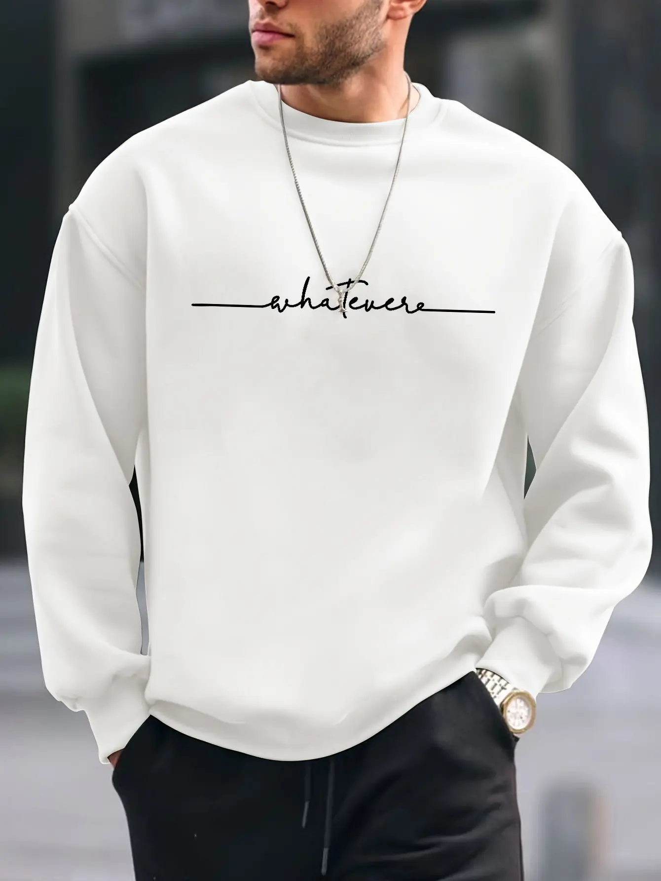 Men's autumn and winter fashionable casual loose and simple letter printed fleece pullover round neck long sleeved sweatshirt