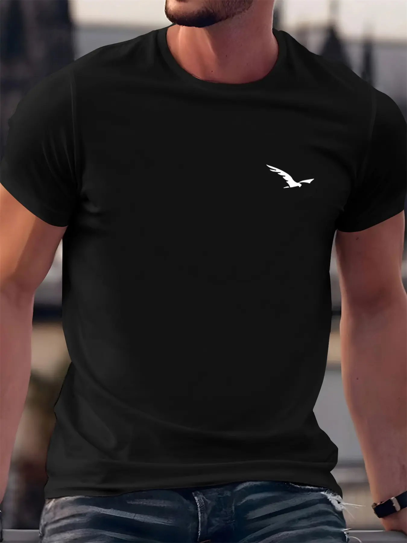 Men's Summer 100% Cotton Fashionable Casual Loose Sport Bird Pattern Printed Round Neck Short Sleeve T-shirt Top