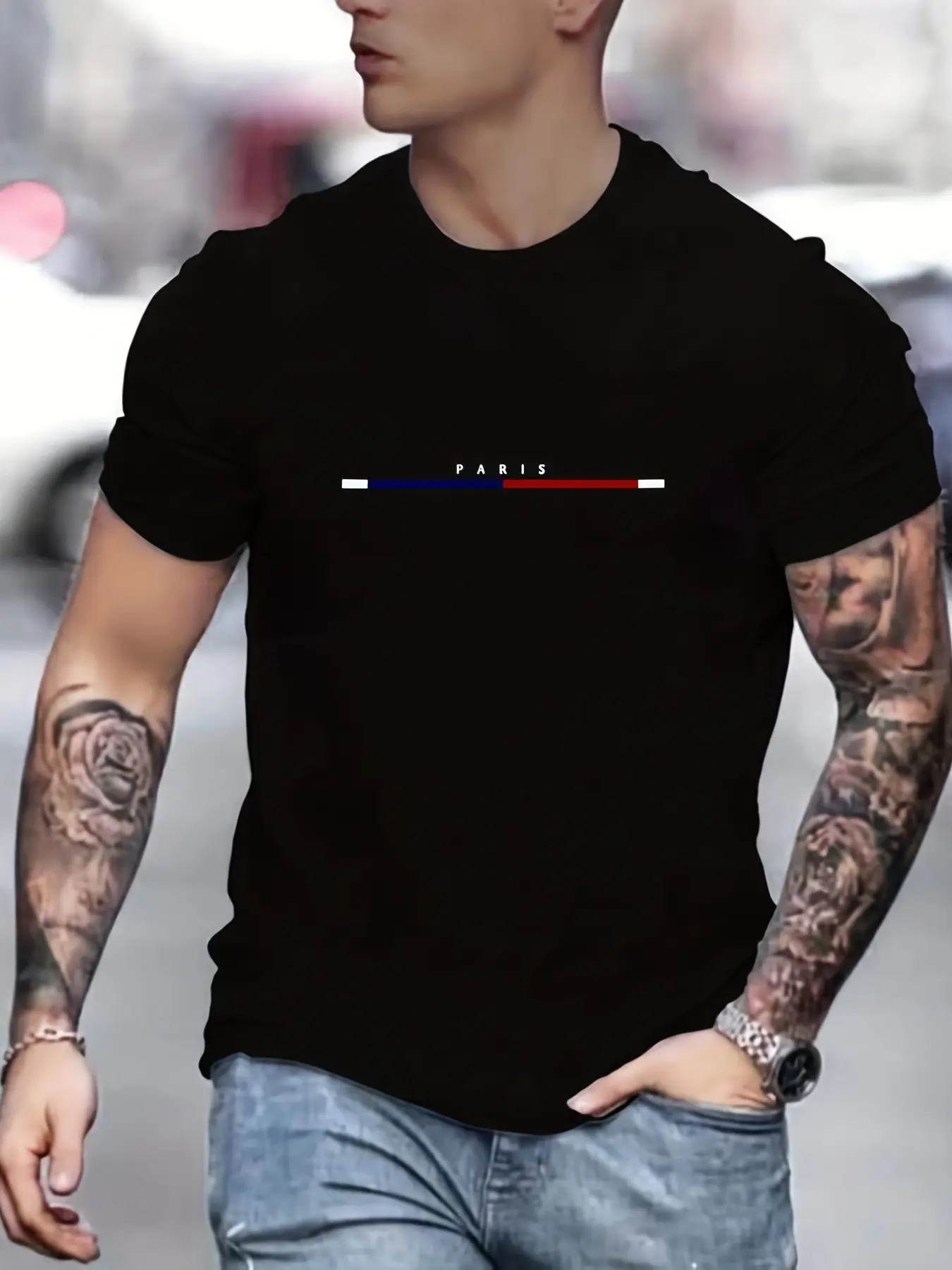 Men's 100% pure cotton casual fashionable loose plus size Paris letter printed round neck short sleeved T-shirt top
