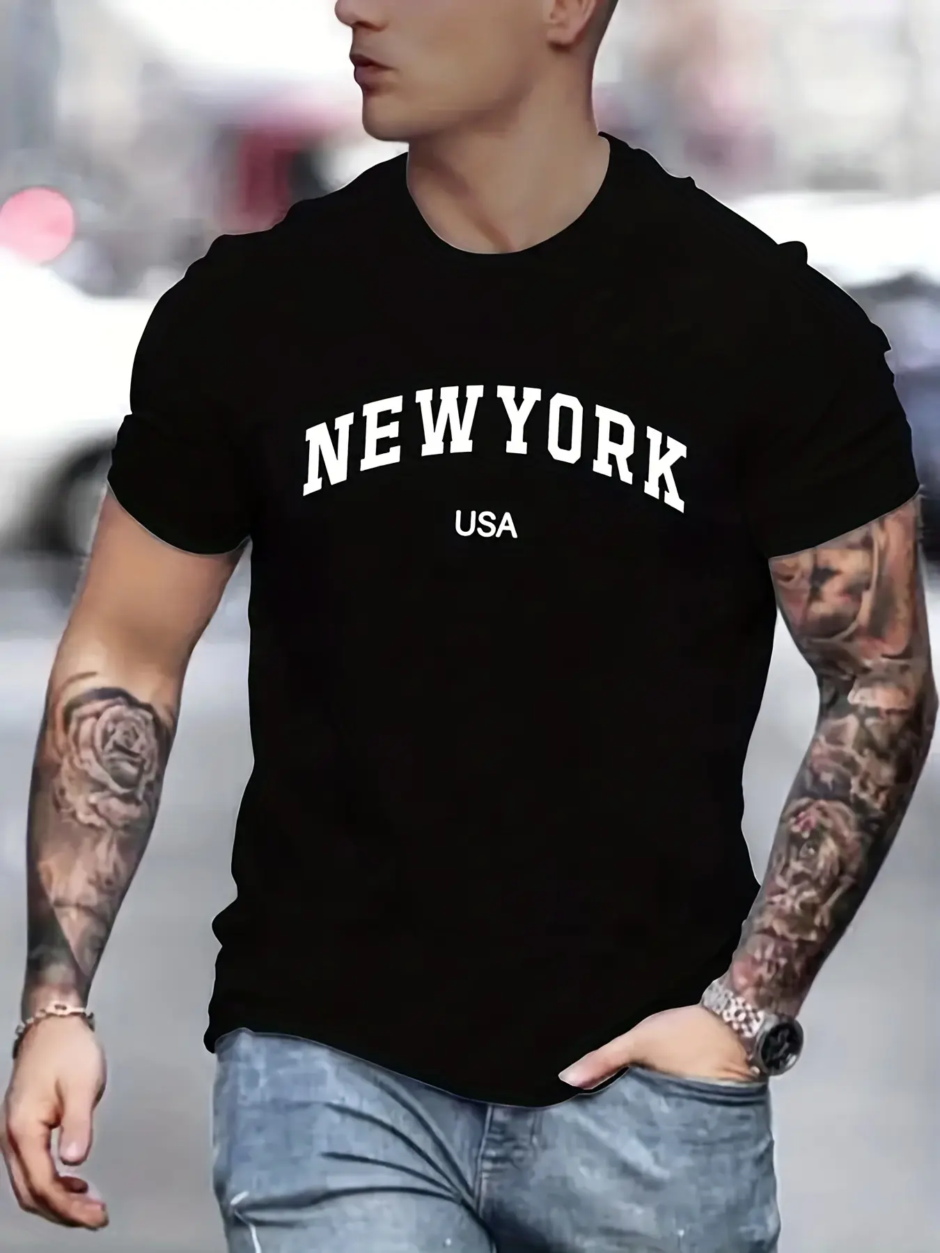 Men's 100 cotton summer fashionable casual loose plus size new York Usa printed slim fit sports round neck short sleeved T-shirt