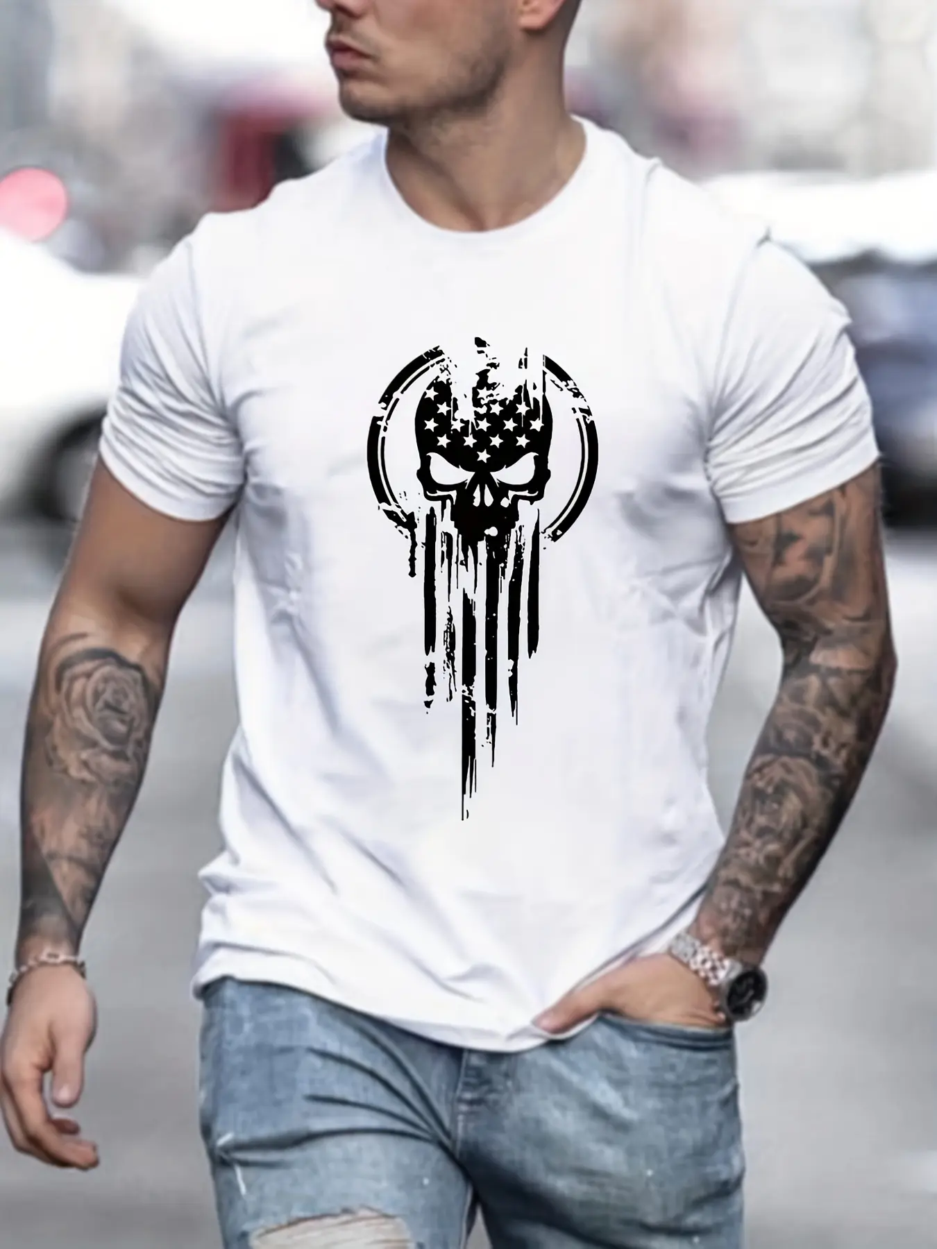 Men's Summer Loose Size 100% Cotton Skull Print Casual Slim Fit Round Neck Short Sleeve T-shirt Top O-neck Pactwork Casual T