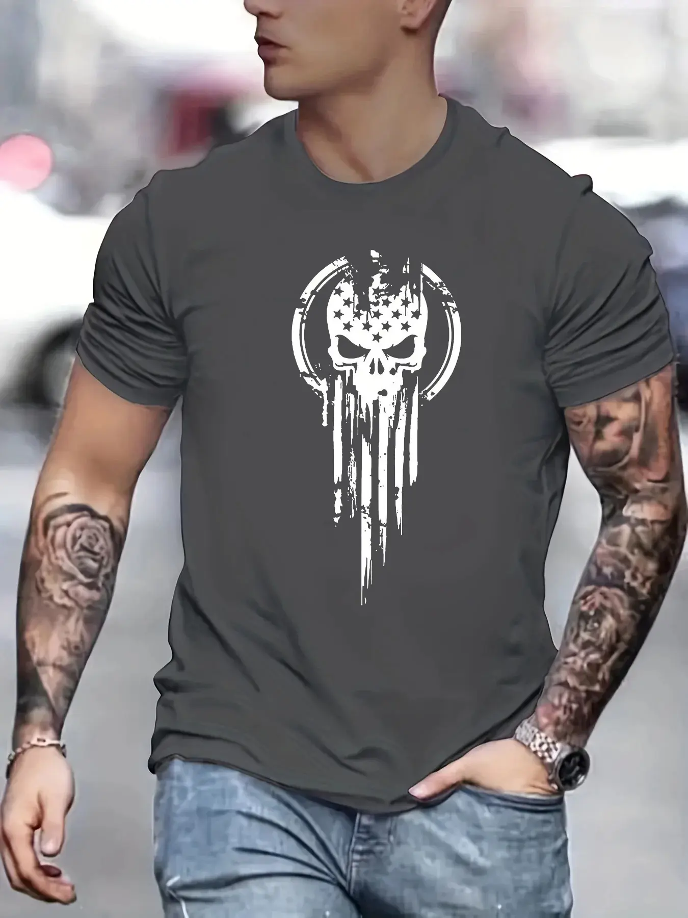 Men's Summer Loose Size 100% Cotton Skull Print Casual Slim Fit Round Neck Short Sleeve T-shirt Top O-neck Pactwork Casual T