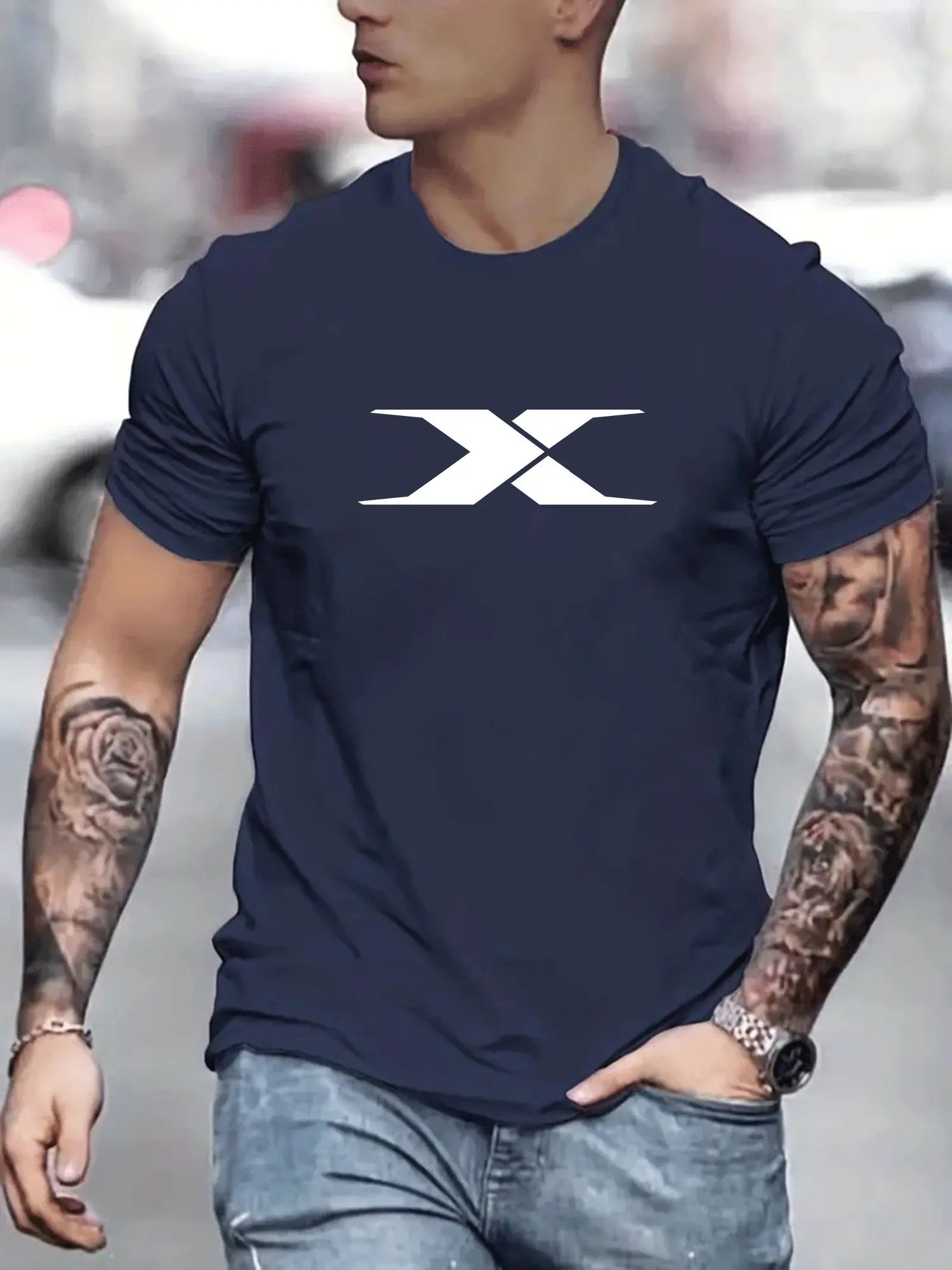 Summer men's 100% cotton casual loose fit large X letter print round neck short sleeved T-shirt top High Street Unisex style