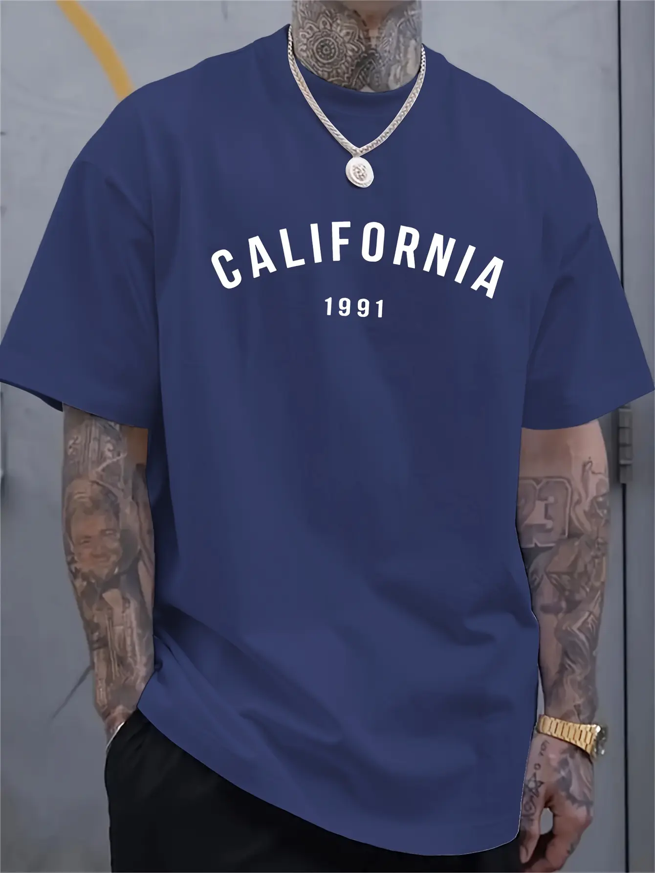 Men's summer 100% pure cotton fashionable casual loose California 1991 printed round neck short sleeved T-shirt top